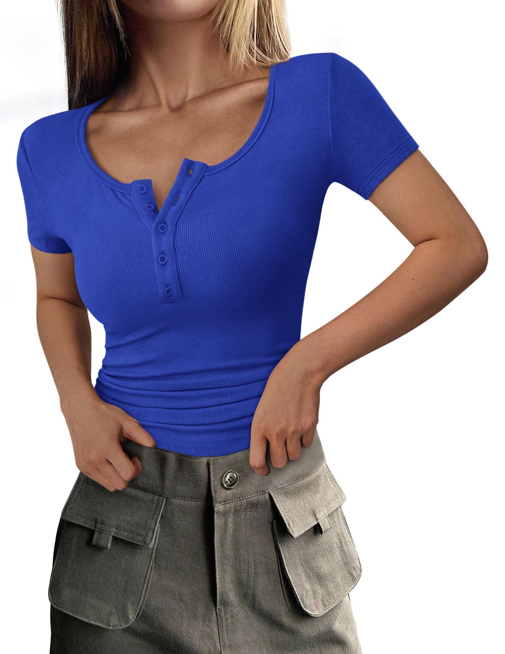PRETTYGARDEN Women's  Fall Summer Short Sleeve Tops Ribbed Henley Button Slim Fit Basic Casual T Shirts Blouse Clothing