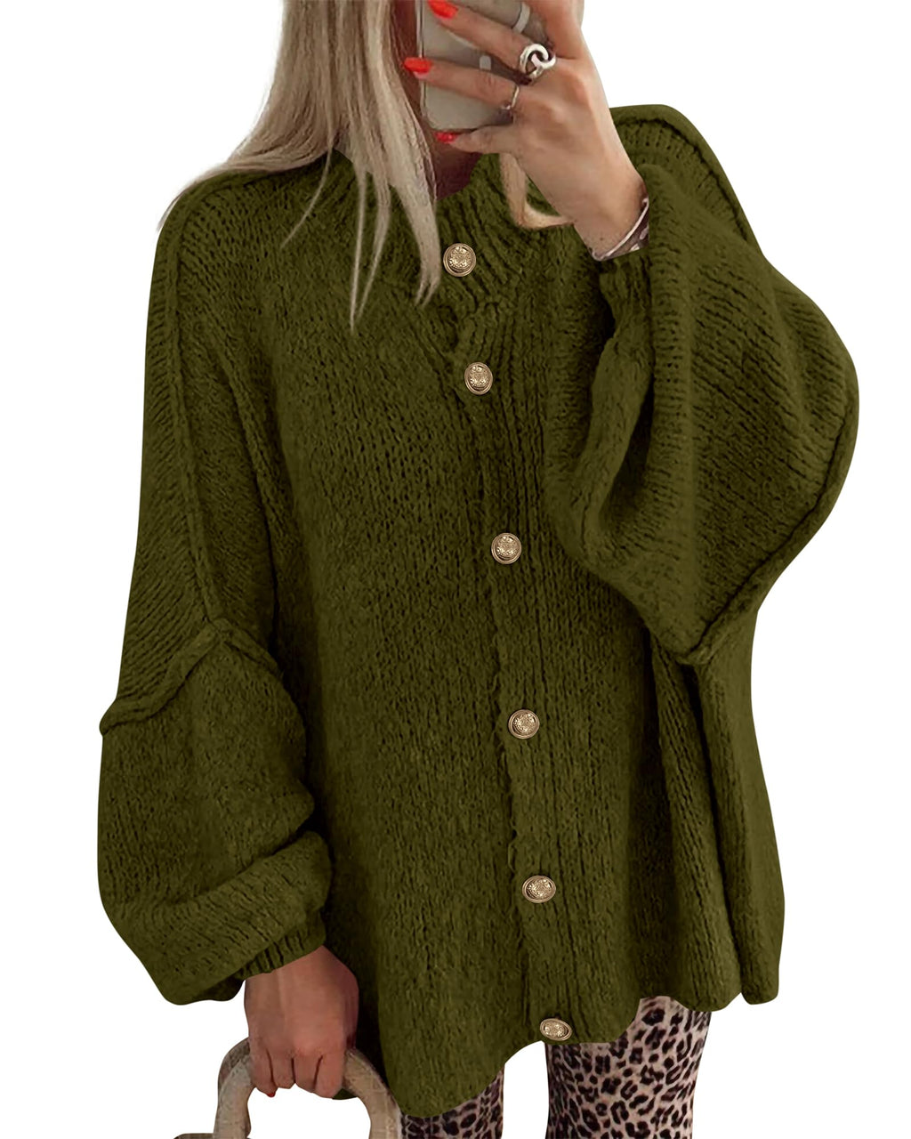 BTFBM Cardigan Sweaters for Women Fall Clothes Lantern Long Sleeve Button Open Front Chunky Knit Oversized Sweater