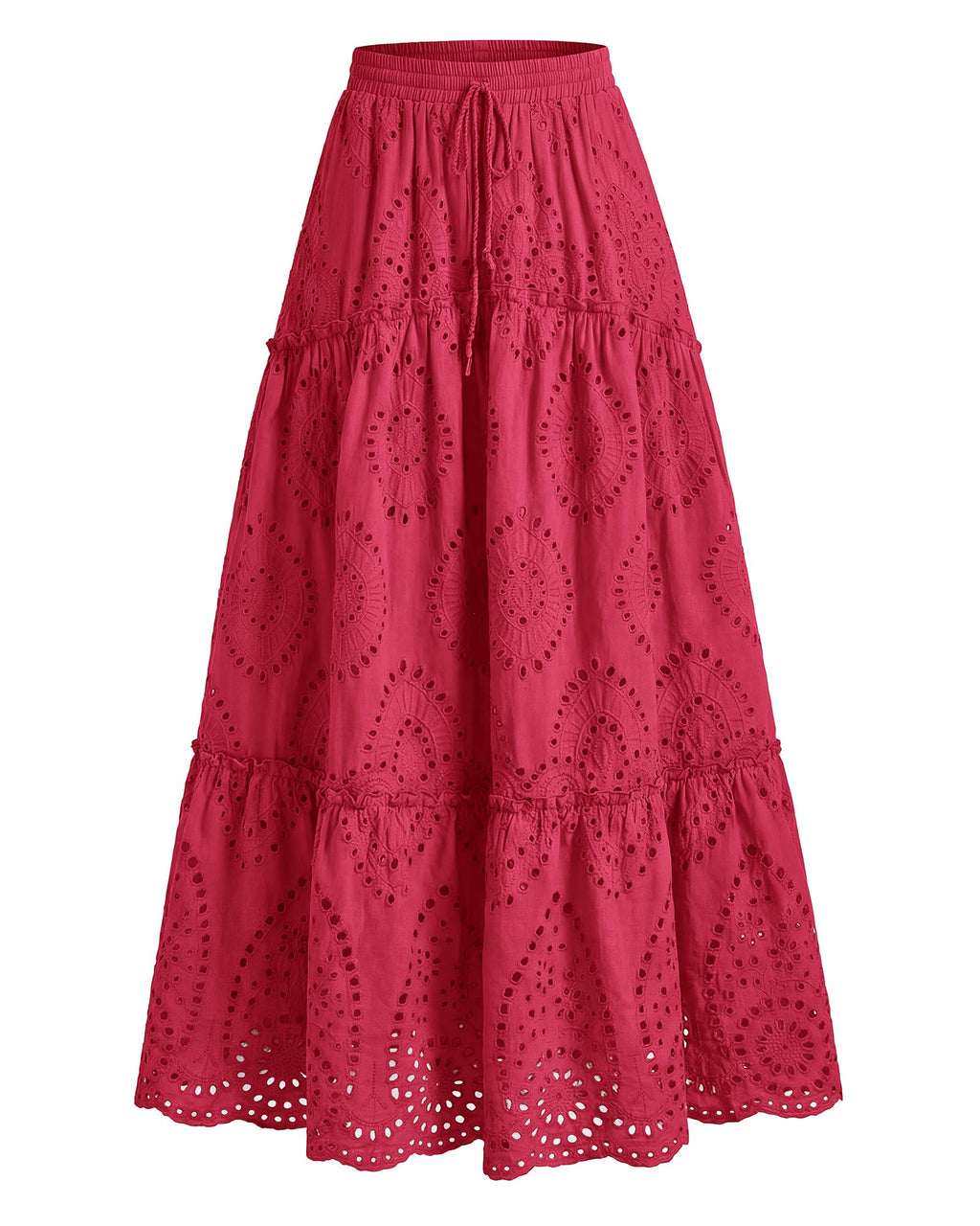 BTFBM Long Skirts for Women Summer Boho Lace Embroidery High Waist Flowy Tiered Spring Maxi Skirt Beach Vacation