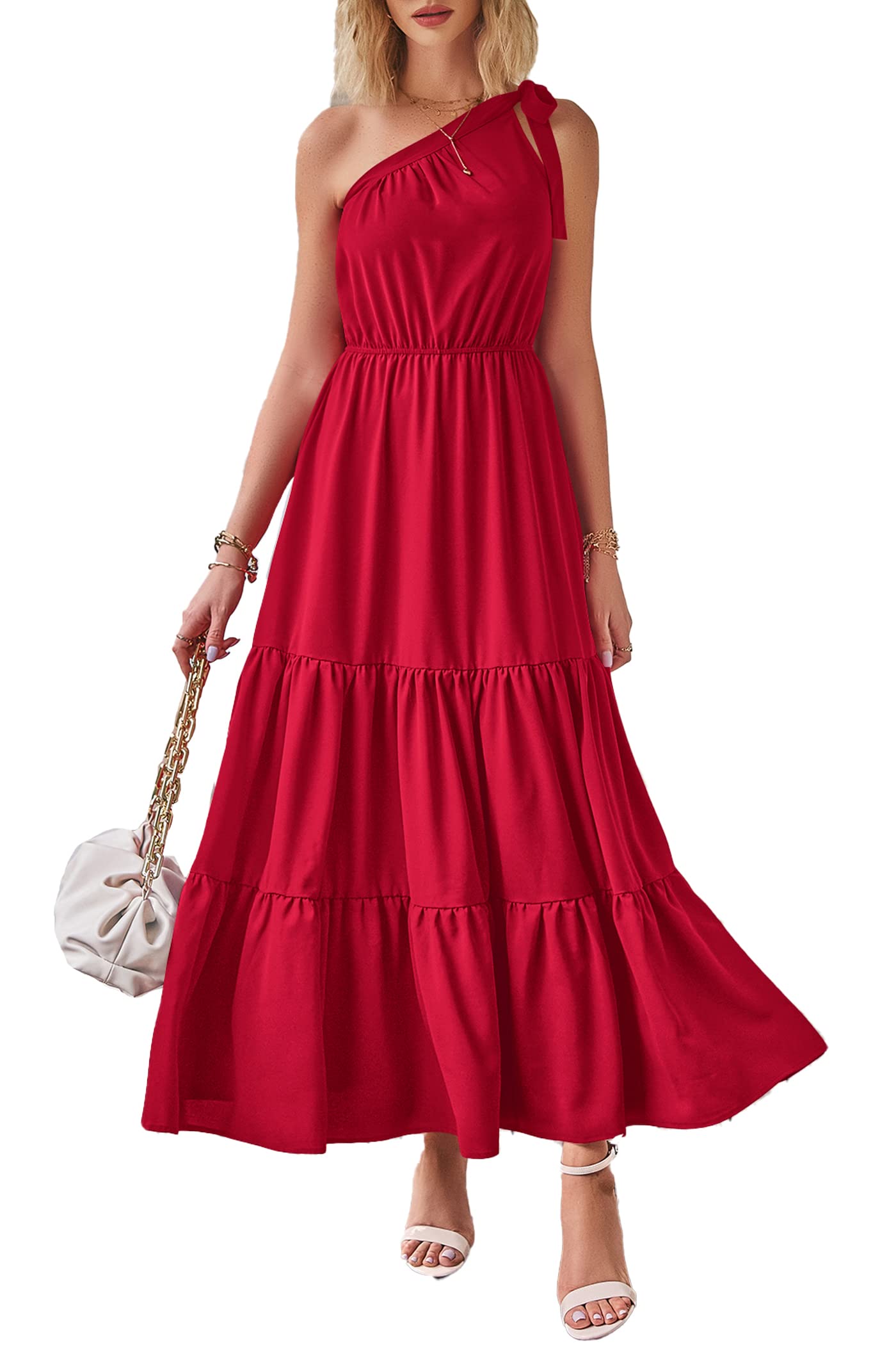 PRETTYGARDEN Women's Summer Floral One Shoulder Maxi Dress Knot Ruffle Boho Beach Vacation Wedding Guest Long Sun Dresses