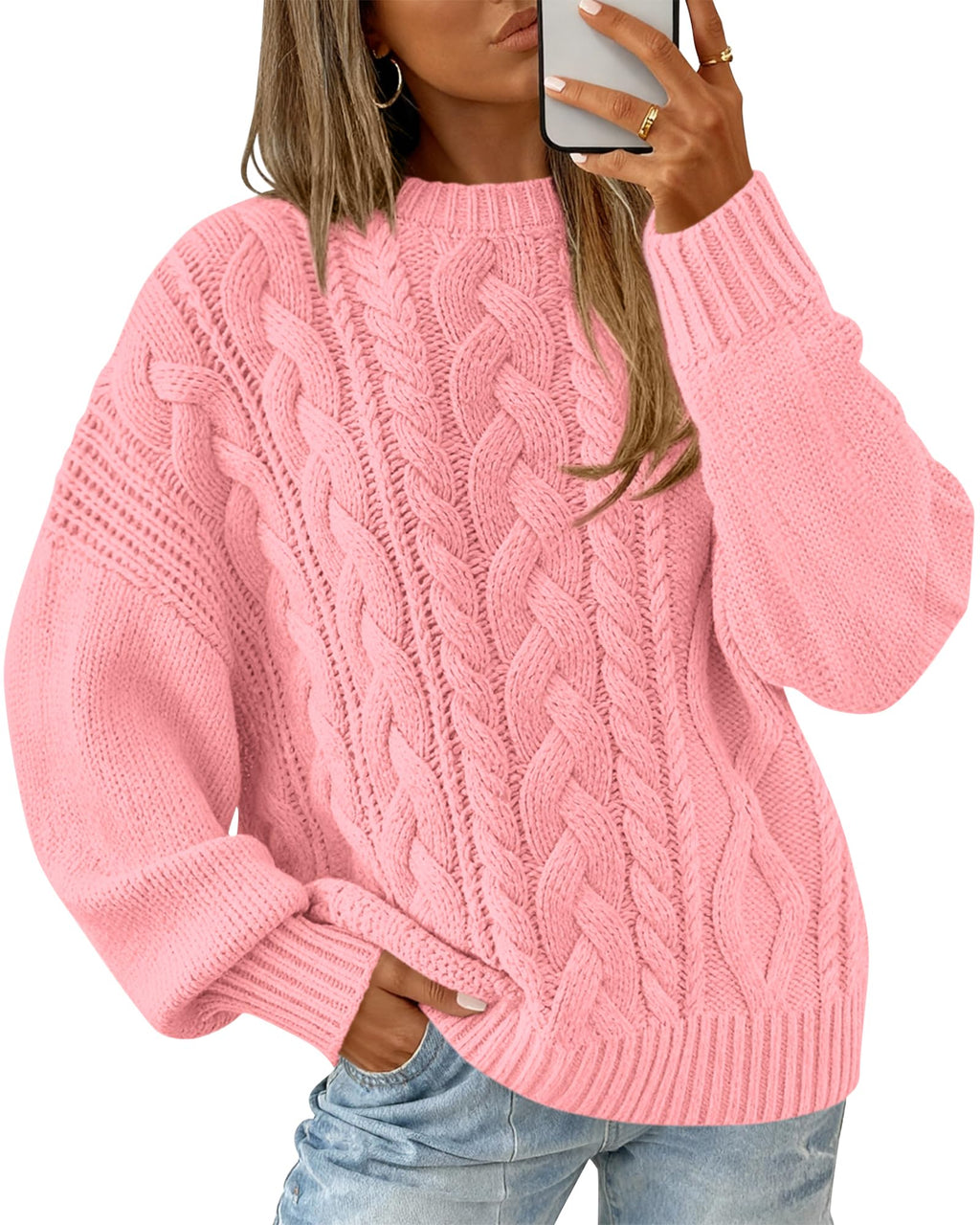 BTFBM Women's Oversized Sweaters Batwing Long Sleeve Cable Knit Crewneck Pullover Tops Fall Outfits Winter Clothing