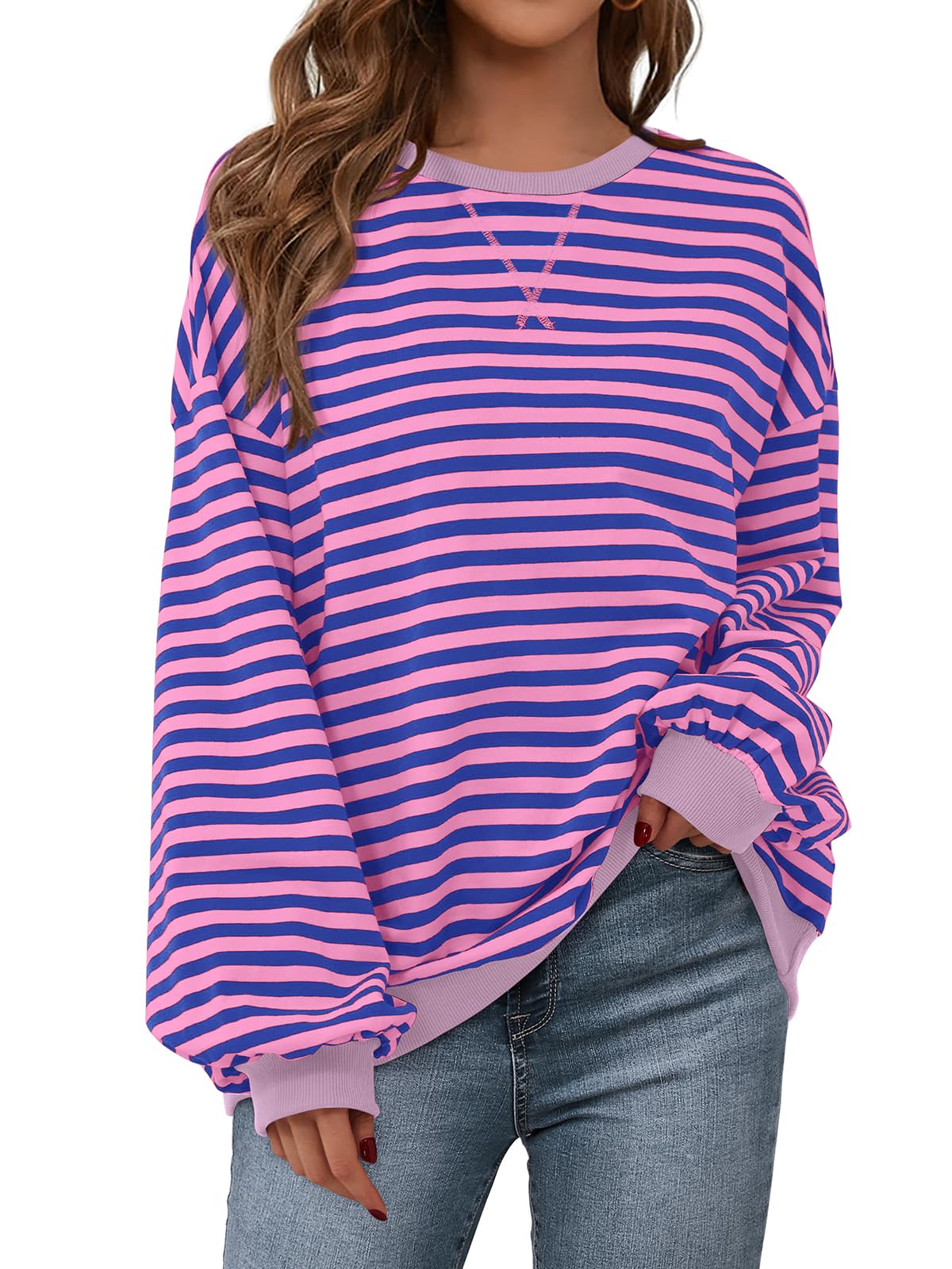 PRETTYGARDEN Womens Striped Oversized Sweatshirt Color Block Crew Neck Long Sleeve Casual Loose Pullover Top Y2K Clothes