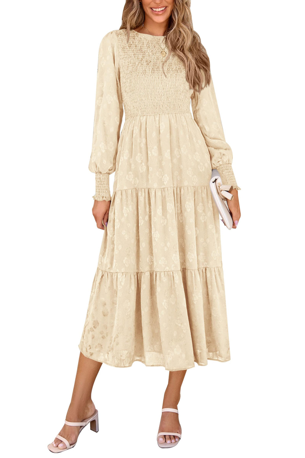 PRETTYGARDEN Women's Fall Spring Midi Dress Long Sleeve Floral Smocked Elegant Wedding Guest Long Flowy Dresses with Pockets