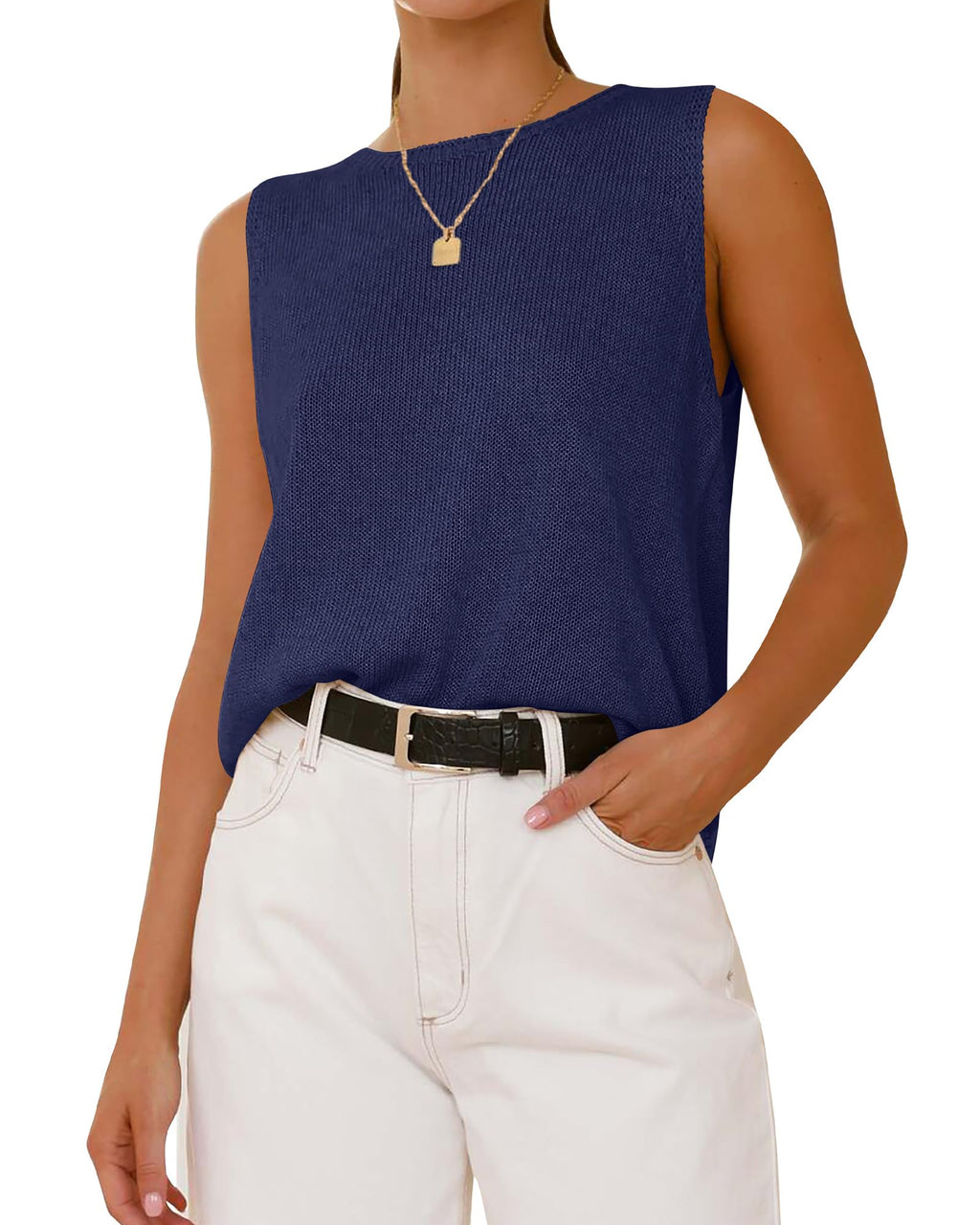 FreshPretty Women's Sleeveless Sweater Vest Summer Crew Neck Ribbed Knit Lightweight Pullover Casual Loose Fit Tank Tops