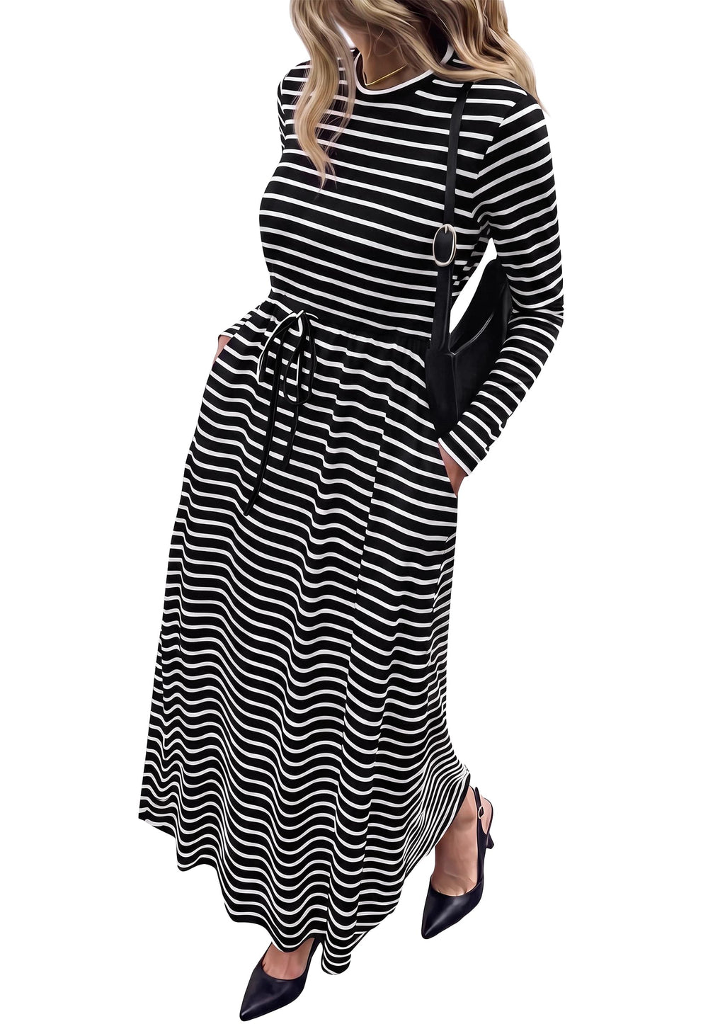FreshPretty Long Sleeve Maxi Dresses for Women Fall Casual Loose Striped Dress|Cotton T Shirt Dress, Loose Fit Dress with Pocket, Business Casual Work Teacher, Fall Outfits