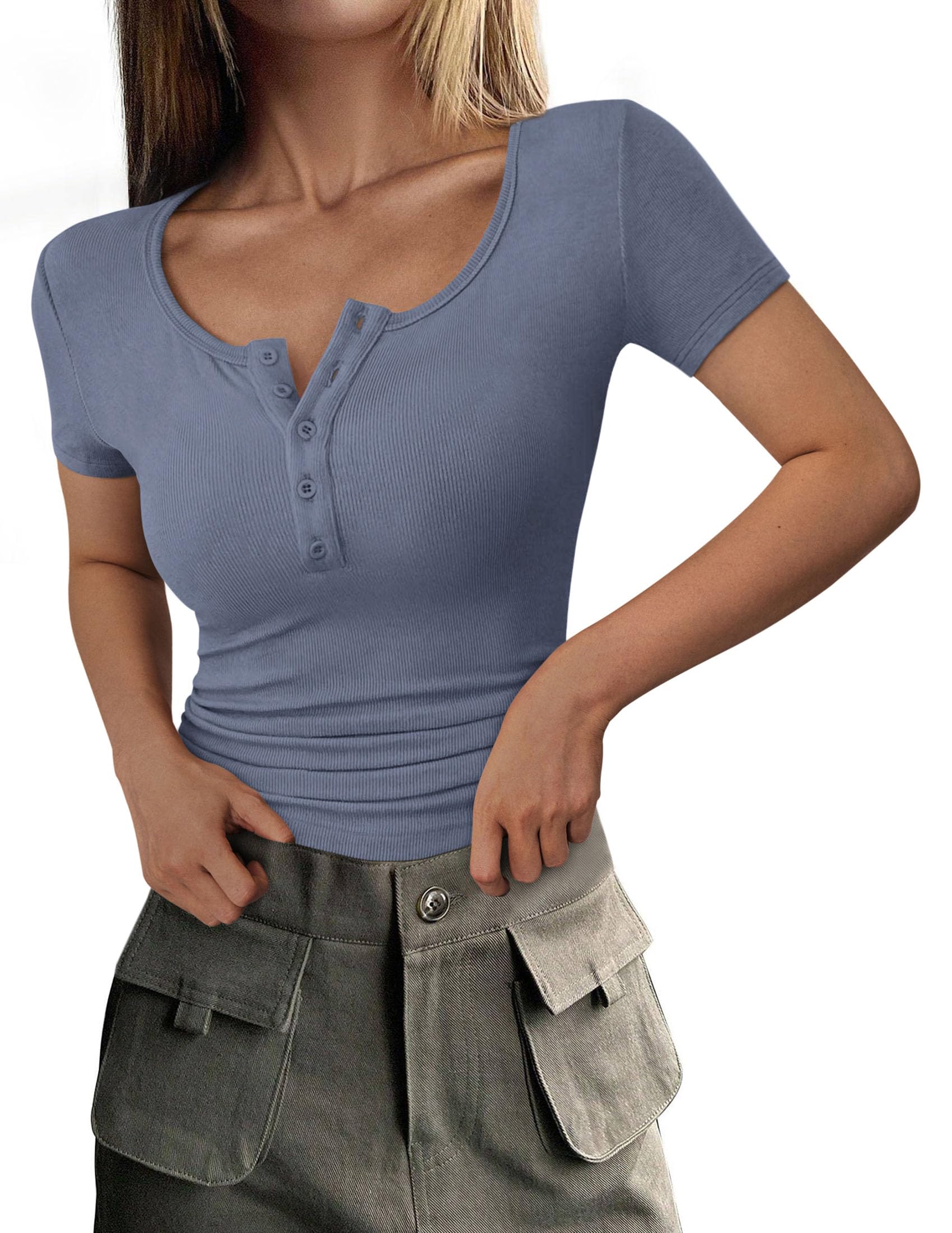PRETTYGARDEN Women's  Fall Summer Short Sleeve Tops Ribbed Henley Button Slim Fit Basic Casual T Shirts Blouse Clothing