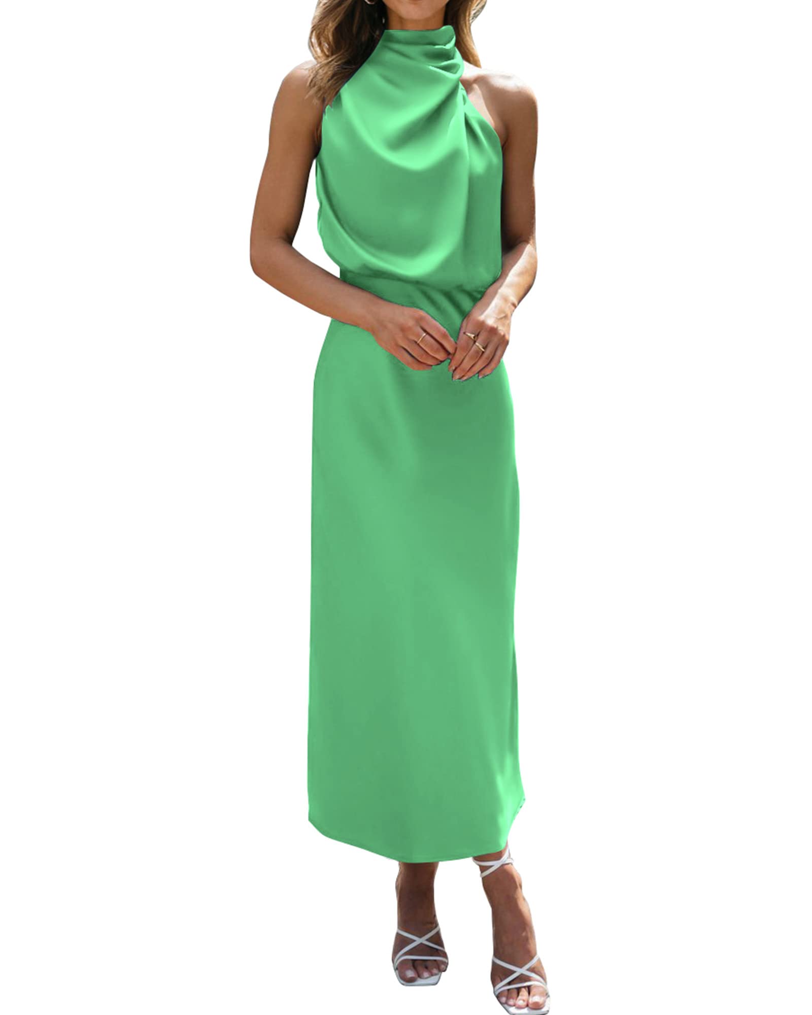 BTFBM Cocktail Dresses for Women Summer Satin Silk Sleeveless Mock Neck Maxi Wedding Guest Dress Spring Outfits