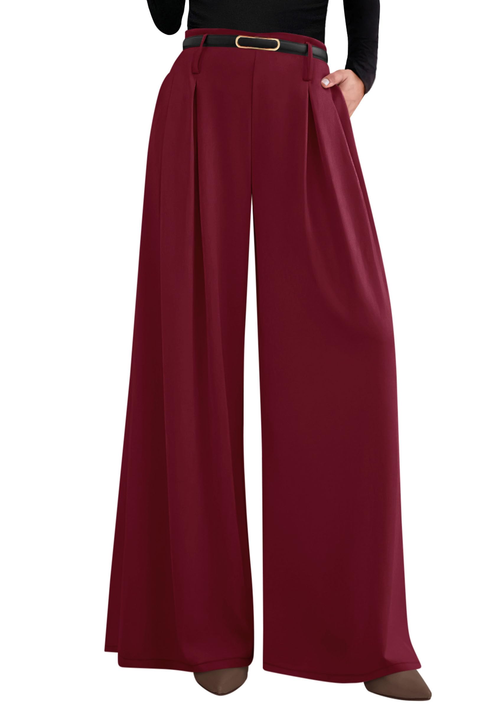 PRETTYGARDEN Womens Spring Wide Leg Trousers High Elastic Waist Loose Pleated Long Flowy Palazzo Work Pants with Pockets