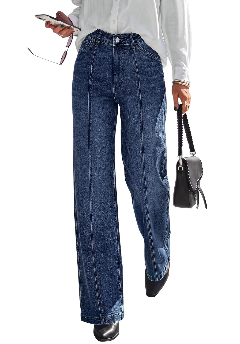 BTFBM Front Seam Stretchy Wide Straight Leg Jeans for Women Trendy Boyfriend Baggy Denim Jeans, High Waisted Palazzo Pants, 5-Pocket, Relaxed Fit, Full Length, Casual Bottoms, Fall Outfits