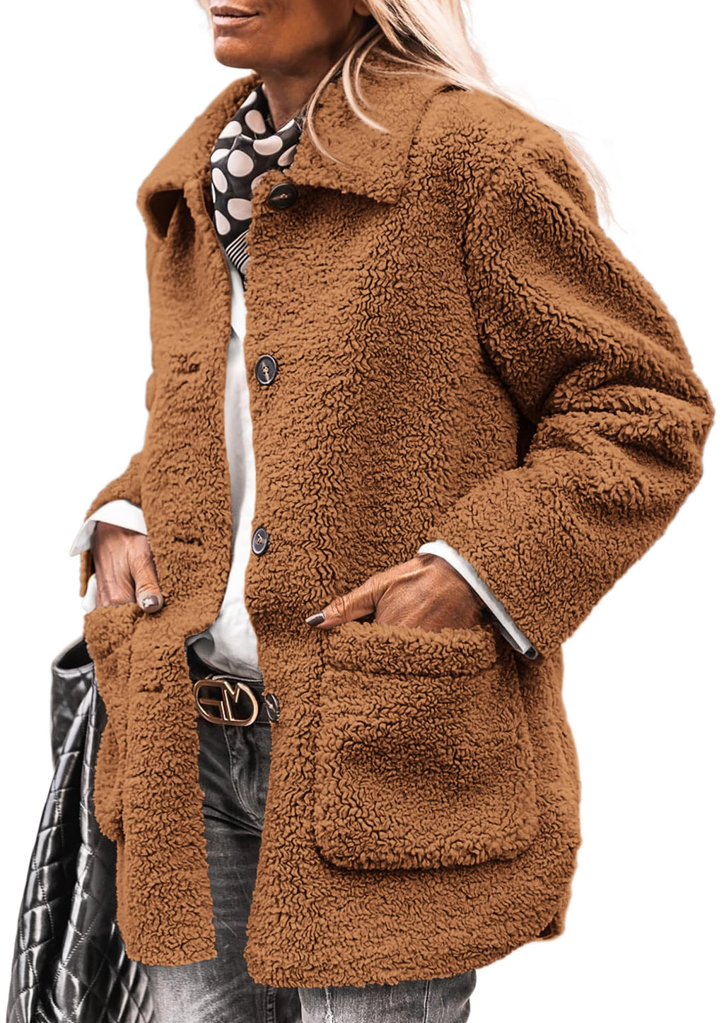 PRETTYGARDEN Women's Winter Faux Fur Coats Long Sleeve Lapel Button Down Pockets Fleece Sherpa Jacket Casual Trendy Outerwear