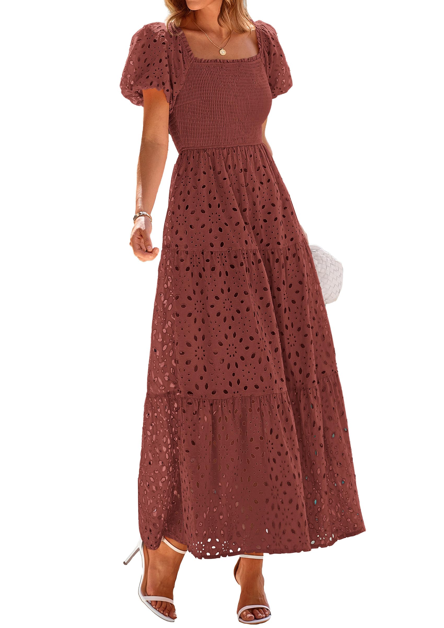 PRETTYGARDEN Summer Dresses for Women Eyelet Square Neck Puff Sleeve Smocked Wedding Guest Maxi Dress with Pockets