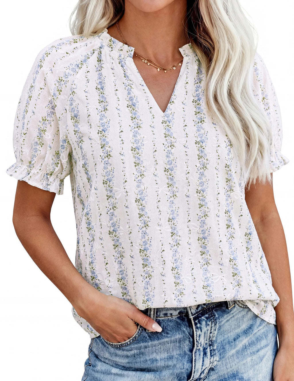 PRETTYGARDEN Summer Short Sleeve V Neck Shirts for Women Trendy Floral Print Loose Ruffle Tops Business Casual Blouses