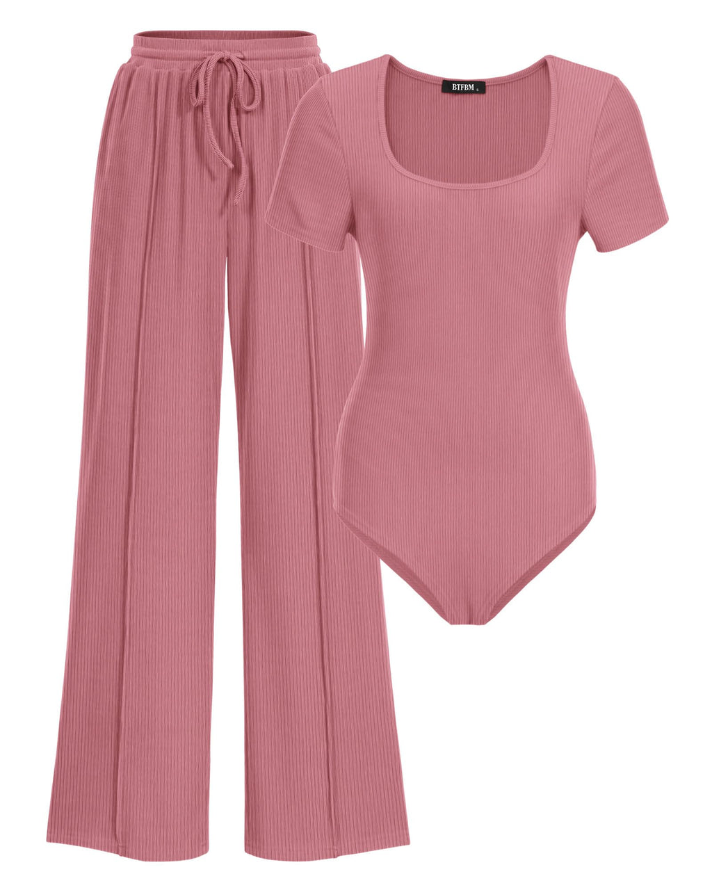 BTFBM Womens Summer 2 Piece Outfits Square Neck Short Sleeve Drawstring Pants Knit Spring Lounge Matching Sets