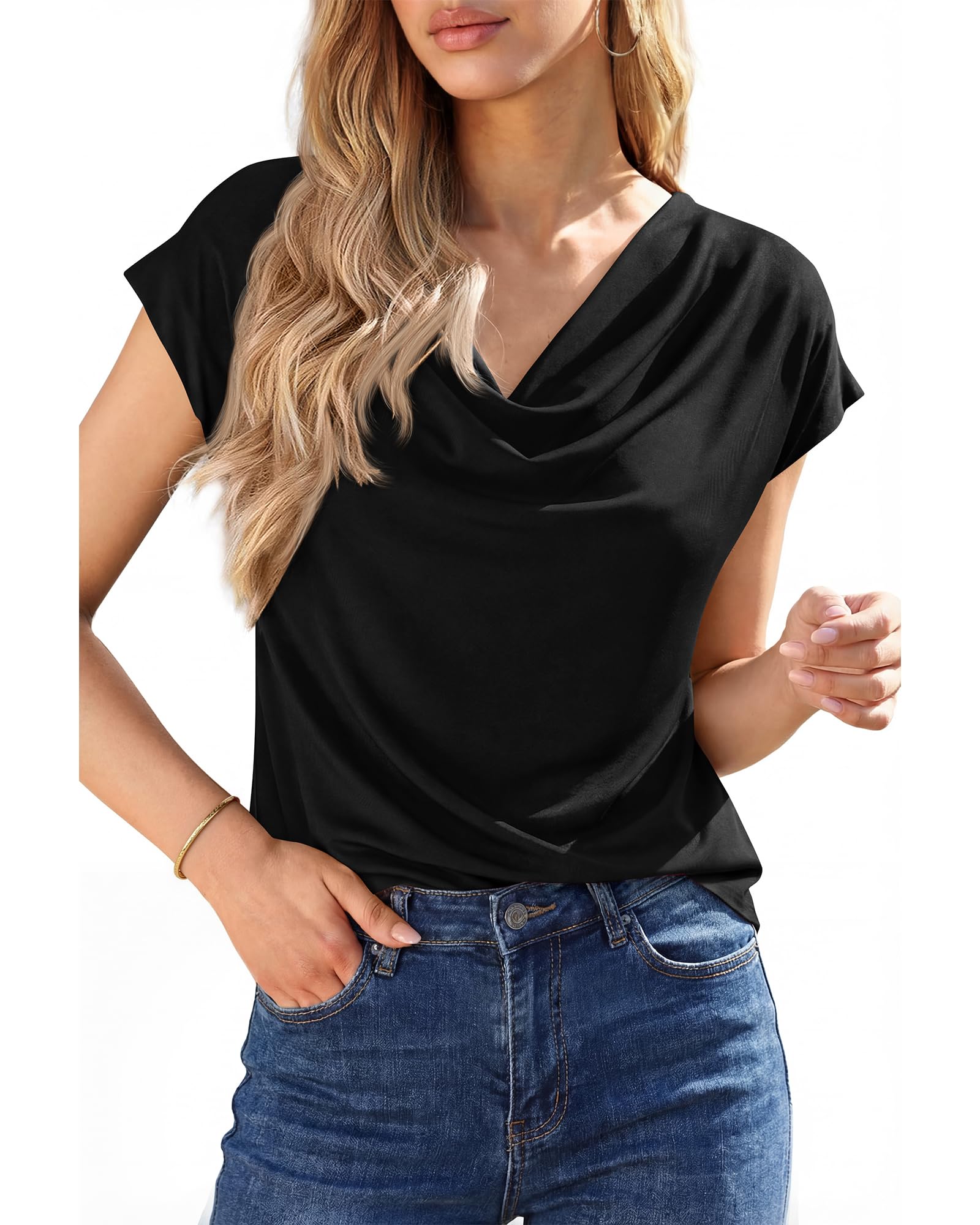 FreshPretty Blouses for Women Dressy Casual Spring Summer Tops Cowl Neck Short Sleeve Shirts Work Office Business Outfits