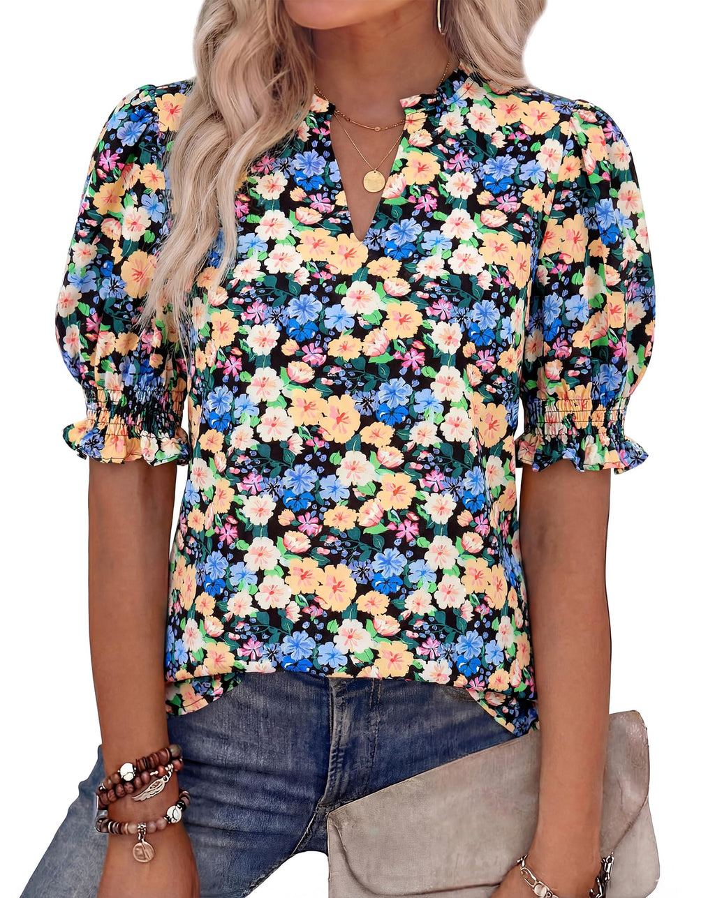 BTFBM Summer Blouses for Women Dressy Casual Fashion Spring Tops Floral Boho V Neck Puff Short Sleeve Top Shirts