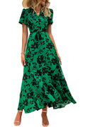 PRETTYGARDEN Women's Summer Maxi Dress Casual Wrap Floral Boho Short Sleeve V Neck Split Ruffle Beach Long Dresses