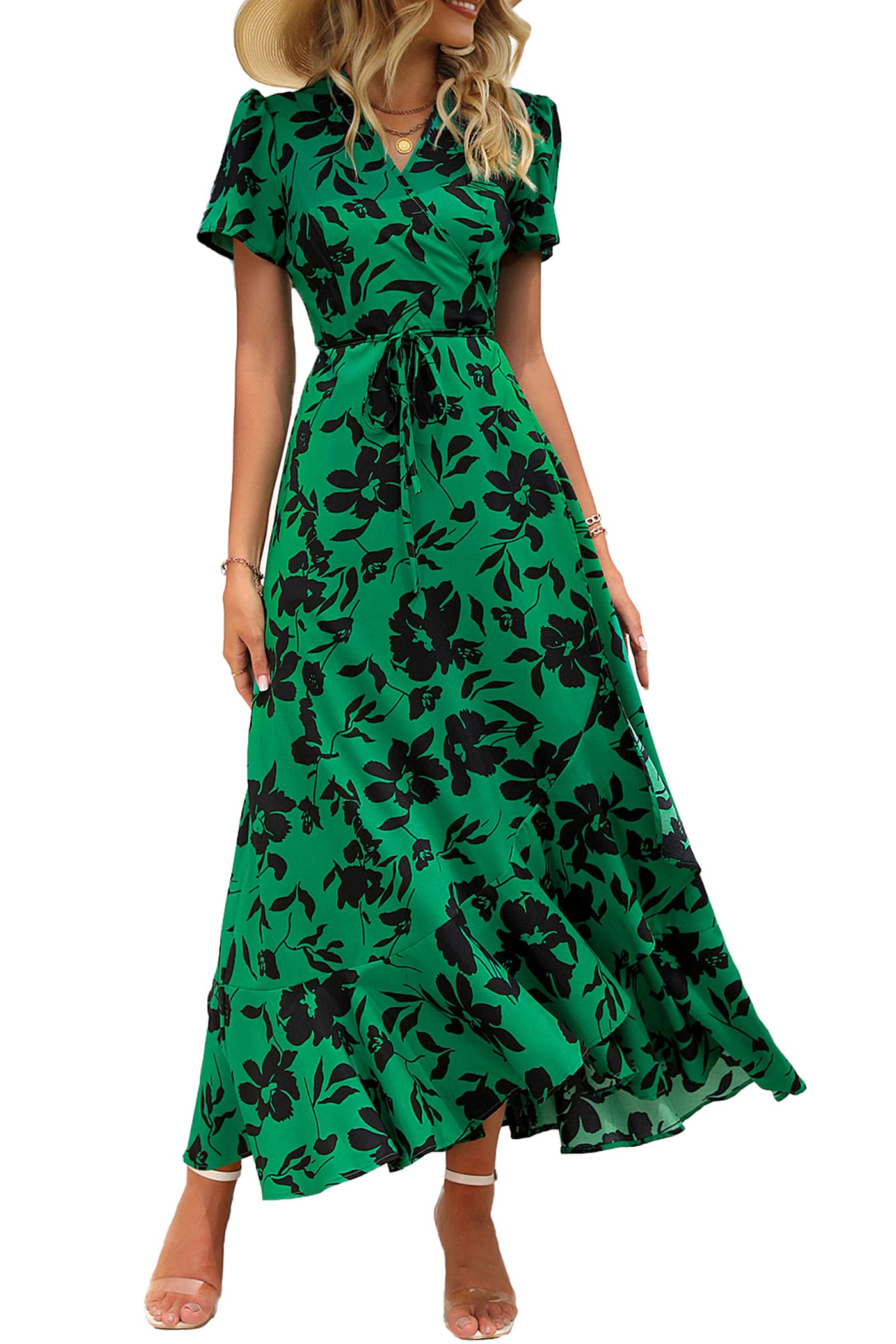 PRETTYGARDEN Women's Summer Maxi Dress Casual Wrap Floral Boho Short Sleeve V Neck Split Ruffle Beach Long Dresses