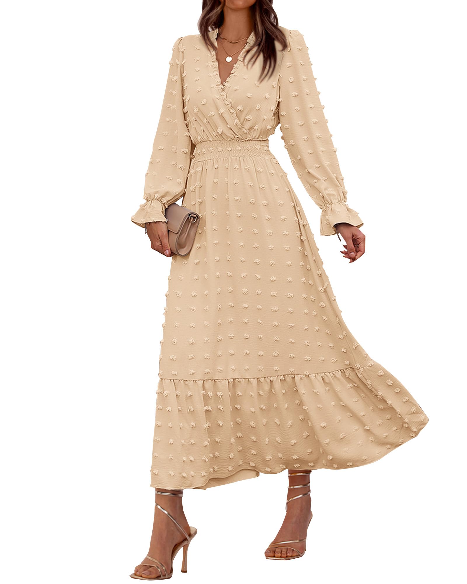 FreshPretty Women Fall Maxi Dresses Long Sleeve V Neck Swiss Dots High Waisted A-Line Ruffle Boho Long Dress Vacation