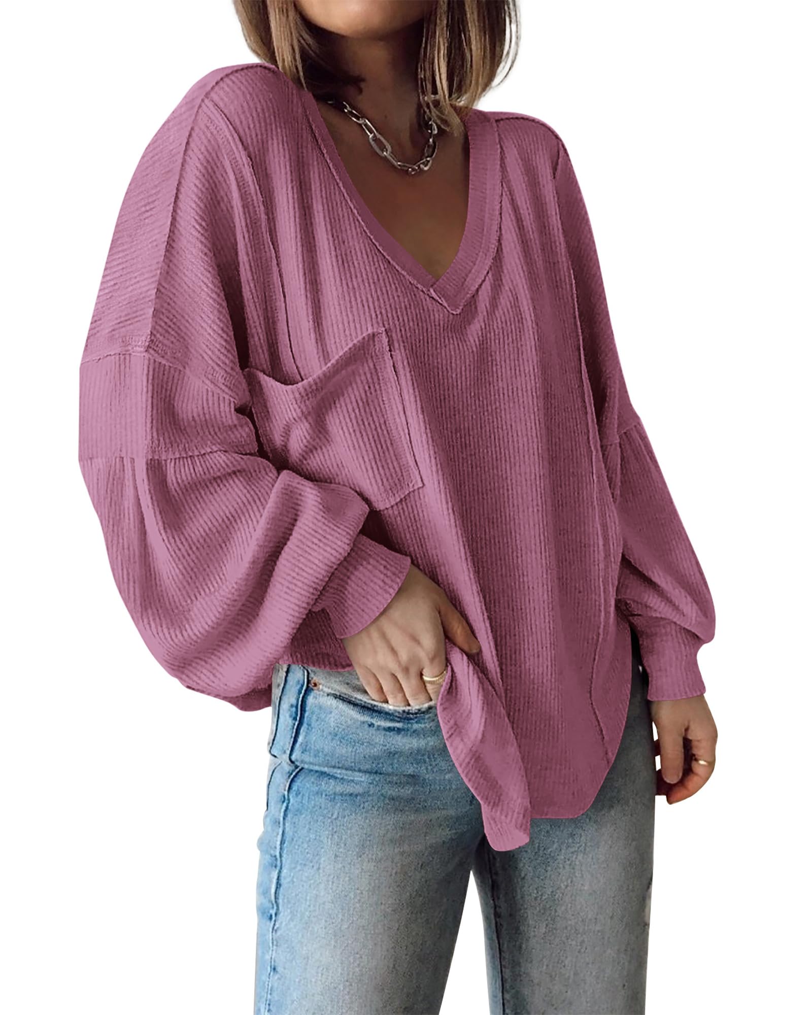 FreshPretty Womens Fall Fashion Long Sleeve Shirts Casual V Neck Ribbed Knit Blouses Pullover Trendy Loose Fit Tunic Tops