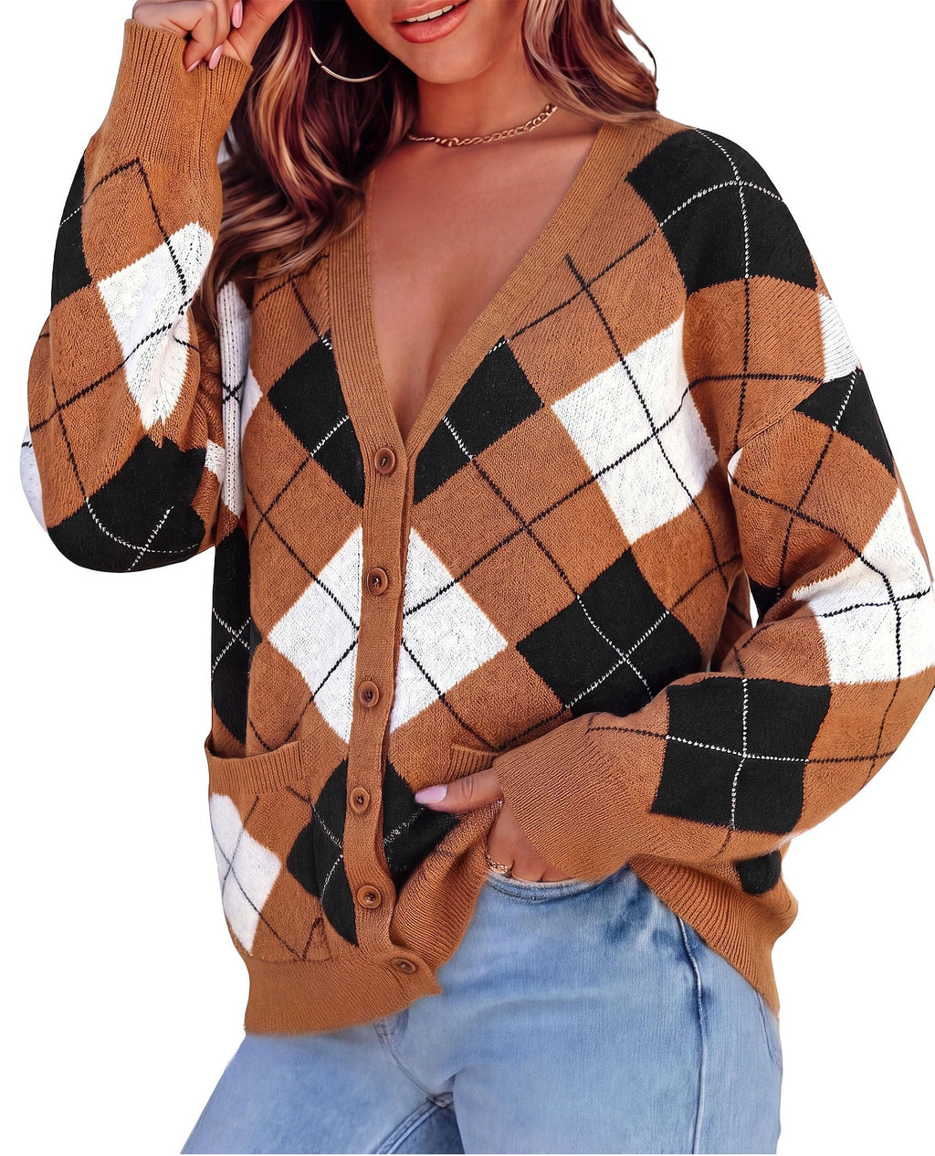PRETTYGARDEN Women's Cardigan Argyle Winter Sweaters Cozy Warm Chunky Knit, Long Sleeve V Neck, Color Block Plaid, Button Up Pocket,Trendy Fall Jackets, Holiday Going Out Outfits