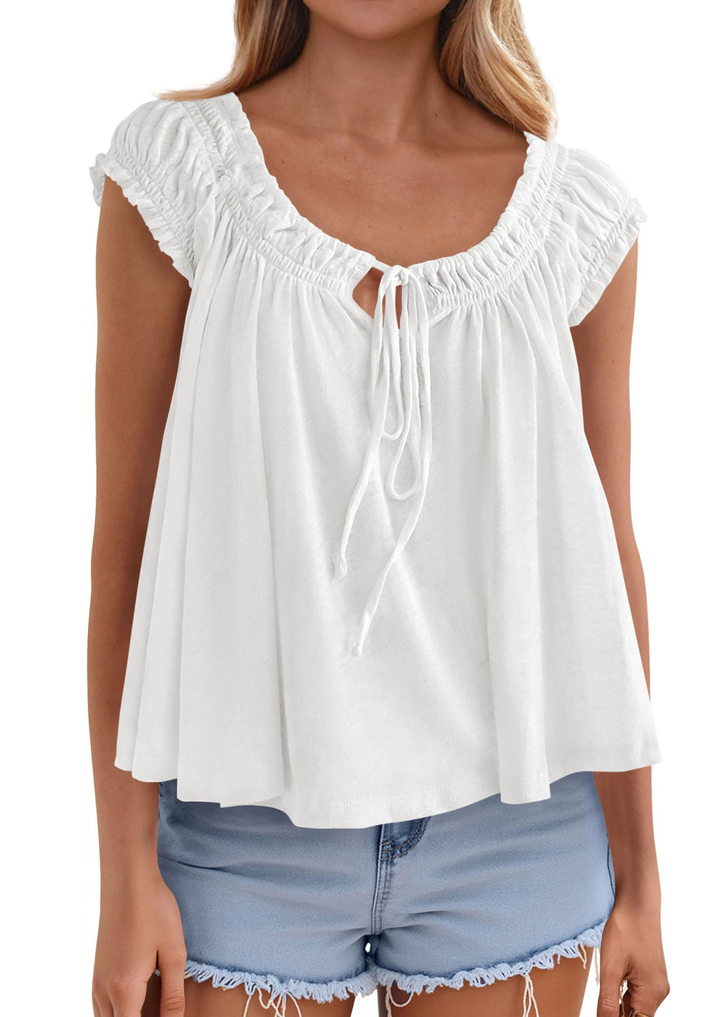 PRETTYGARDEN Women Babydoll Tops Summer Clothes Cap Sleeve Tie Front Flowy Tank Top Peplum Blouses Cute Going Out Shirts