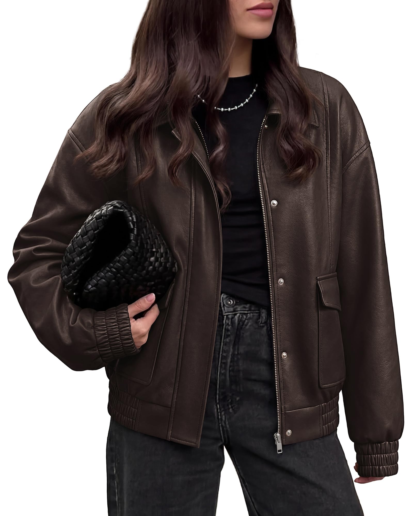 BTFBM Faux Leather Jacket Women Fall Clothes Long Sleeve, Bomber Jackets, Snaps, Pockets, Oversized, Zip Up Motorcycle Outerwear, Airport, Going Out Outfits, Winter Coat