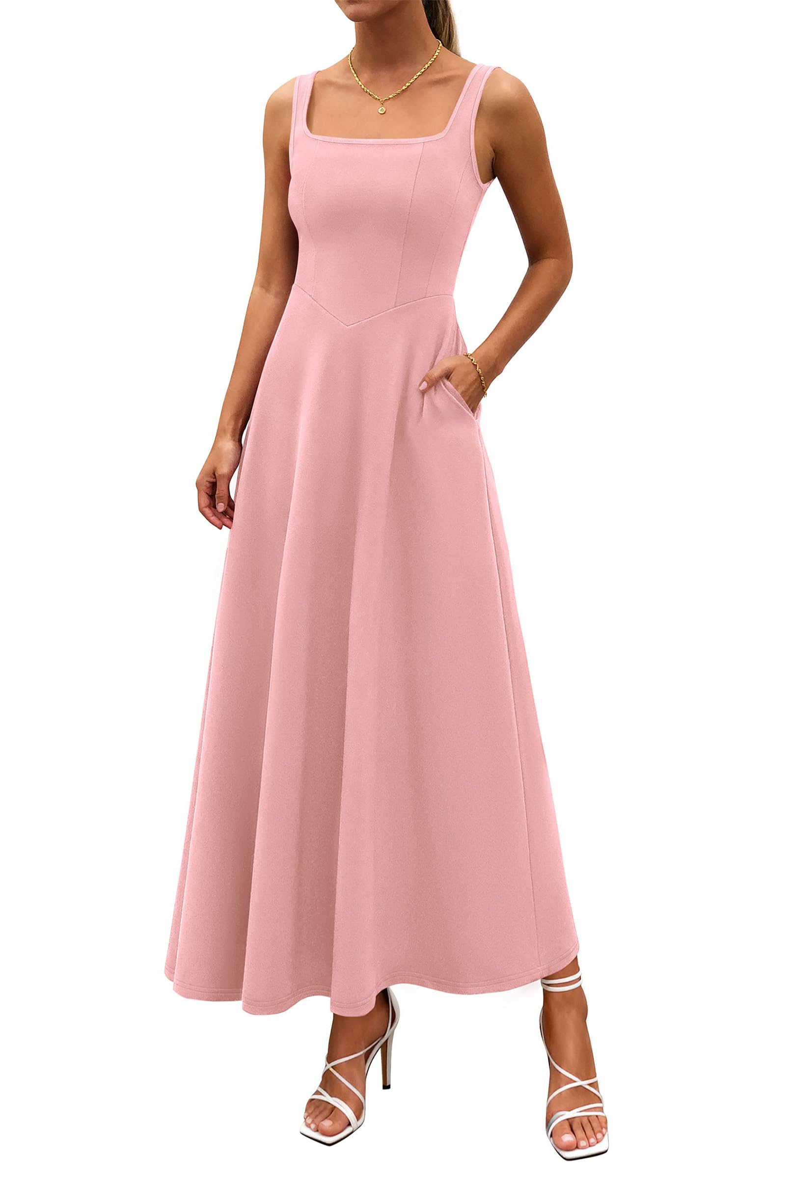 PRETTYGARDEN Womens Summer Dresses Sleeveless Elegant Square Neck Aline Swing Maxi Beach Wedding Guest Dress Pockets