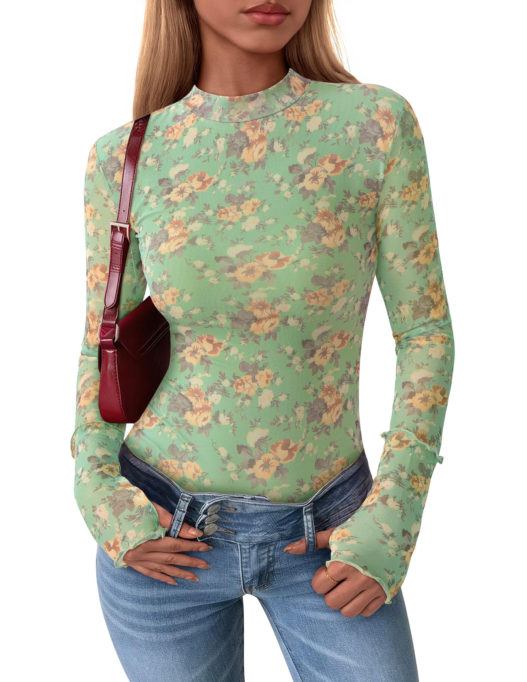 PRETTYGARDEN Womens Fall Mesh Floral Blouses Long Sleeve Going Out Tops Slim Fitted Shirts Date Night Outfits