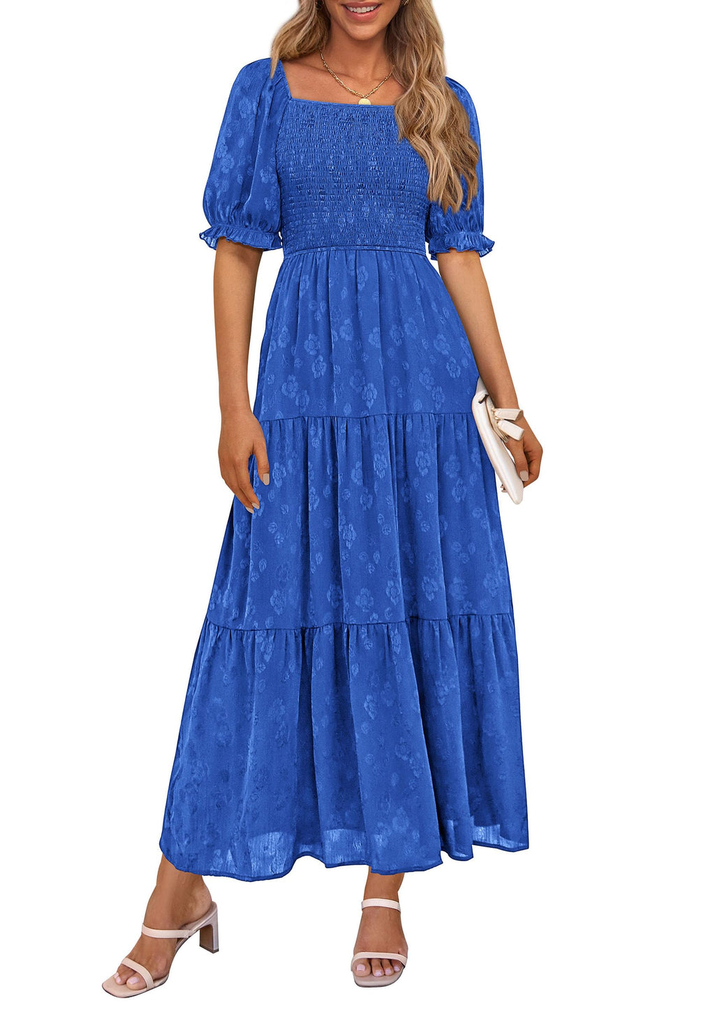 PRETTYGARDEN Women's Summer Casual Midi Dresses Square Neck Short Sleeve Smocked A Line Floral Flowy Elegant Boho Dress