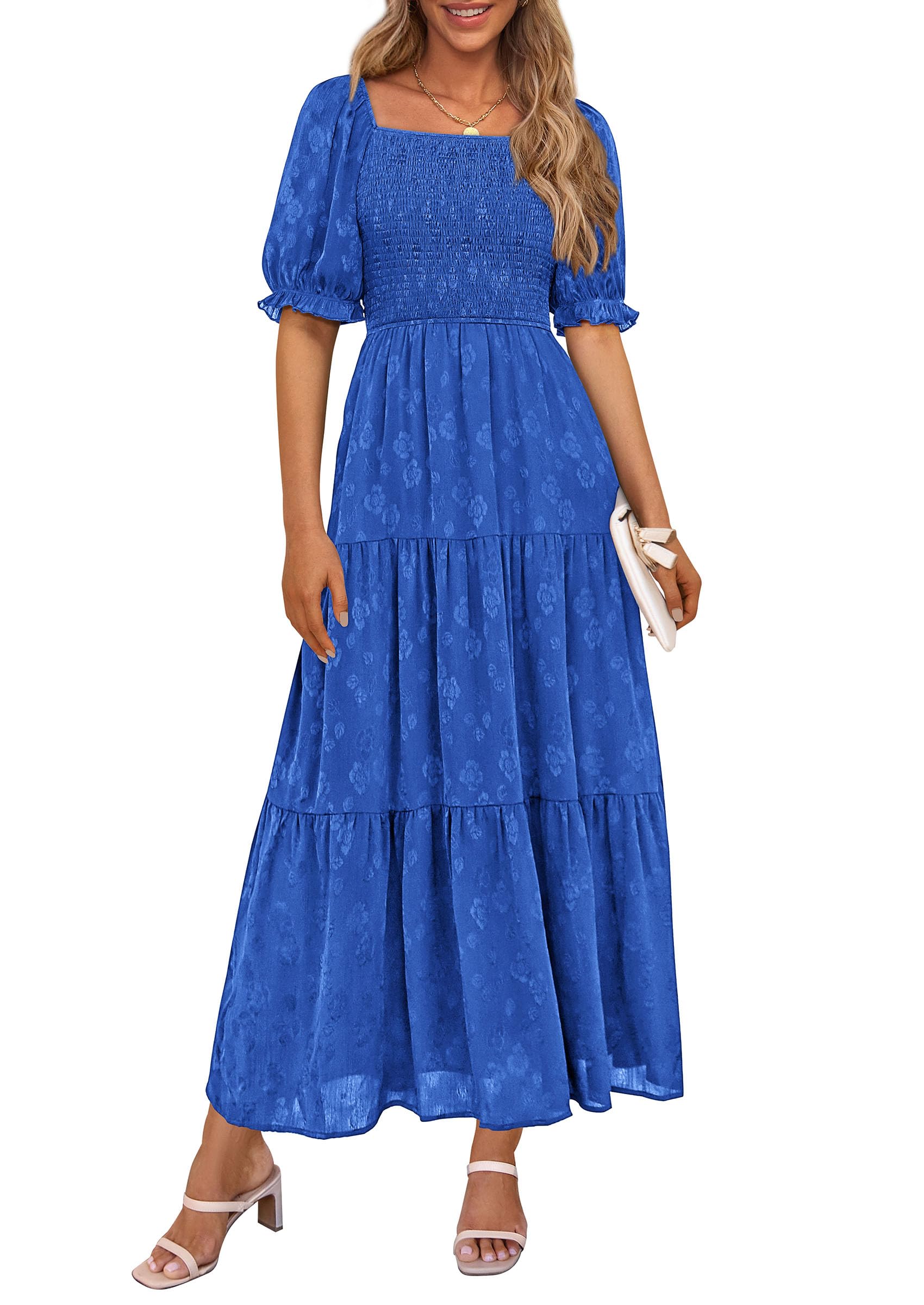PRETTYGARDEN Women's Summer Casual Midi Dresses Square Neck Short Sleeve Smocked A Line Floral Flowy Elegant Boho Dress