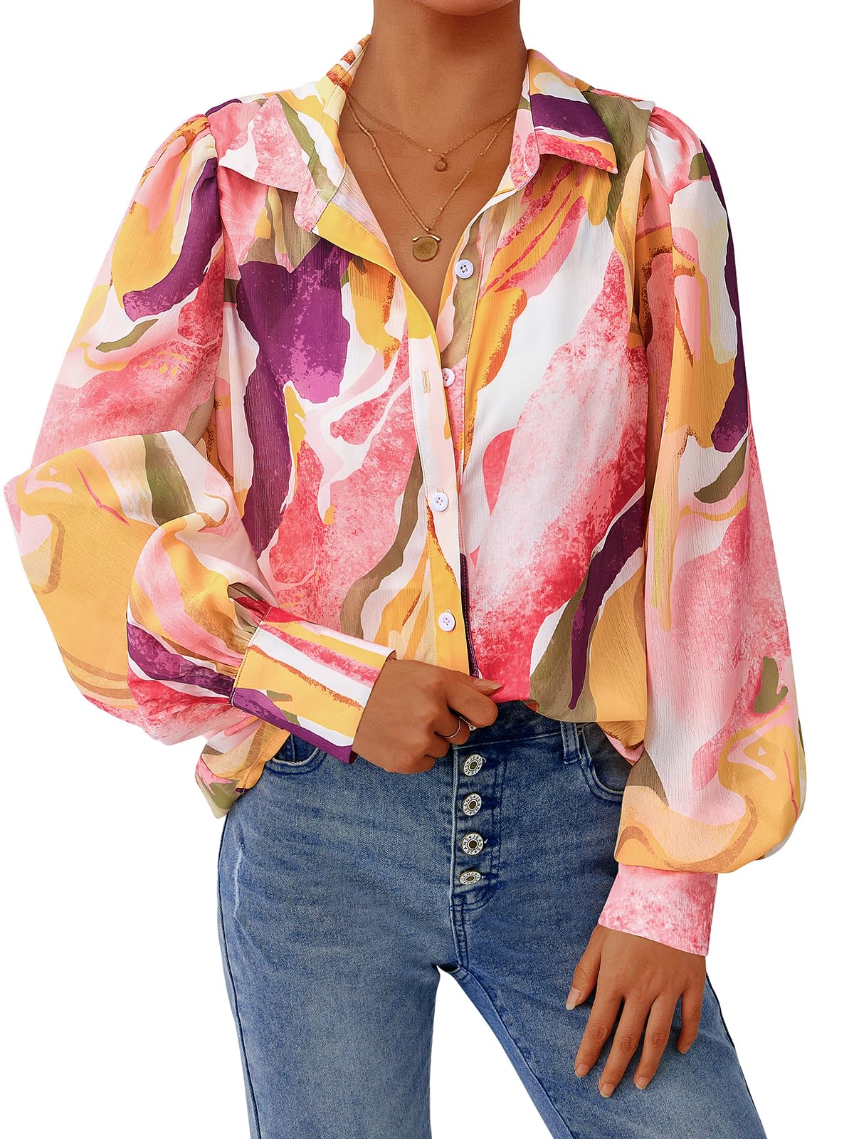 PRETTYGARDEN Women's Floral Blouses Dressy Casual V Neck Button Down Shirts Lantern Long Sleeve Boho Chiffon Spring Tops