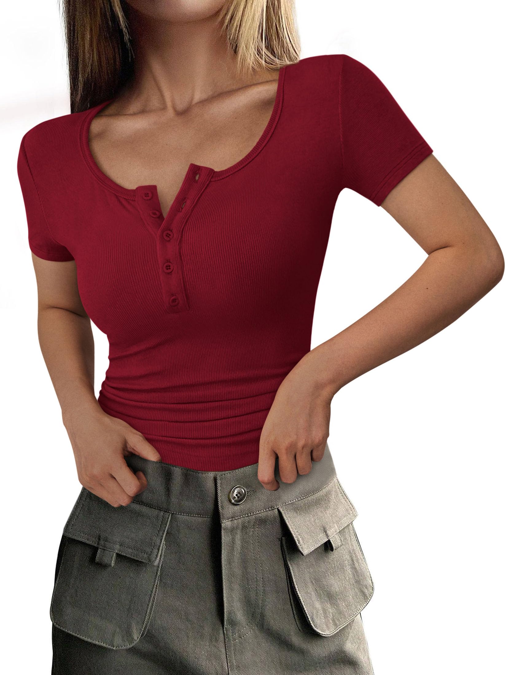 PRETTYGARDEN Women's  Fall Summer Short Sleeve Tops Ribbed Henley Button Slim Fit Basic Casual T Shirts Blouse Clothing