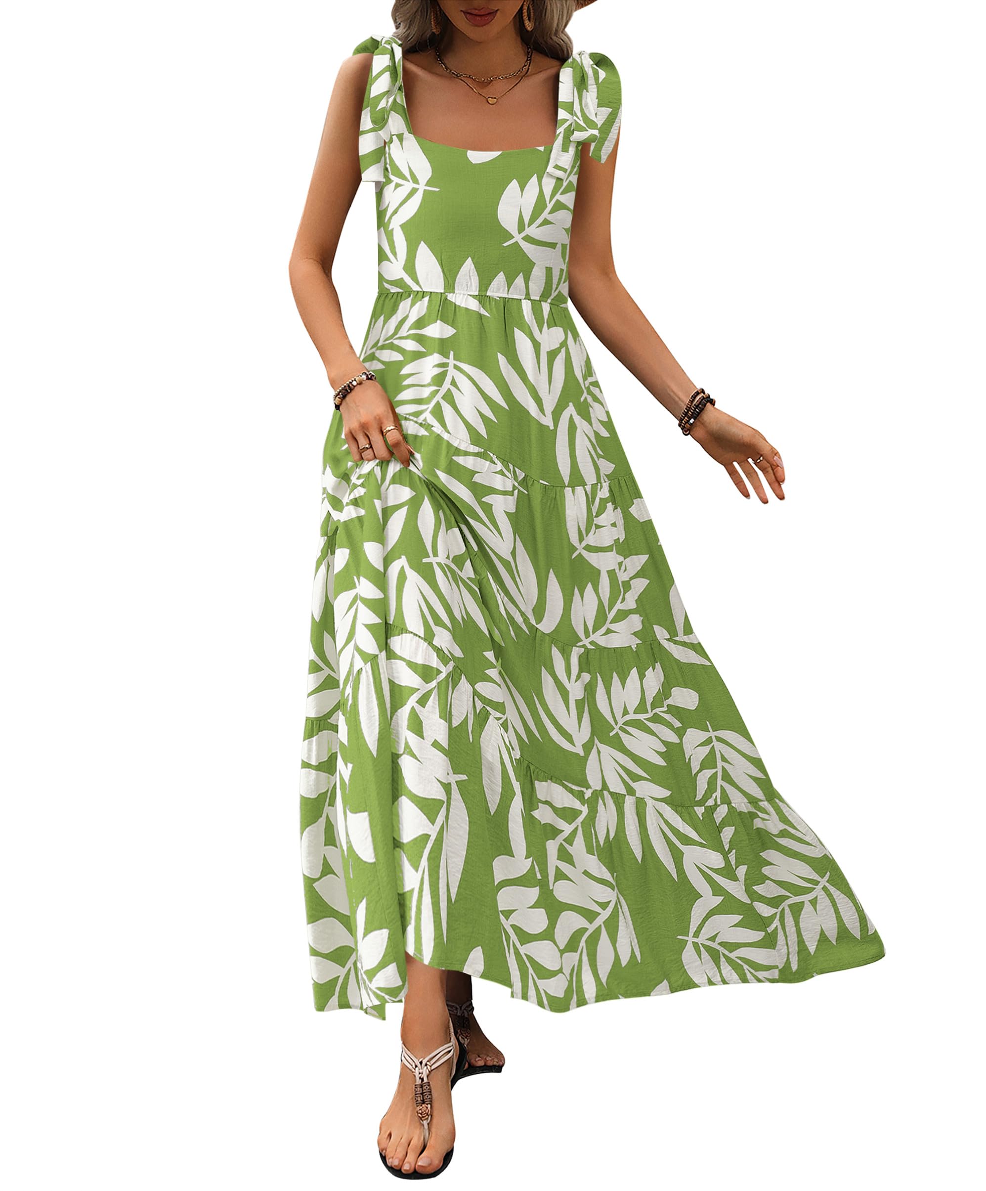 PRETTYGARDEN Women Dresses Summer Floral Sleeveless Maxi Dress Casual Spaghetti Strap Tiered Flowy Beach Long Dress