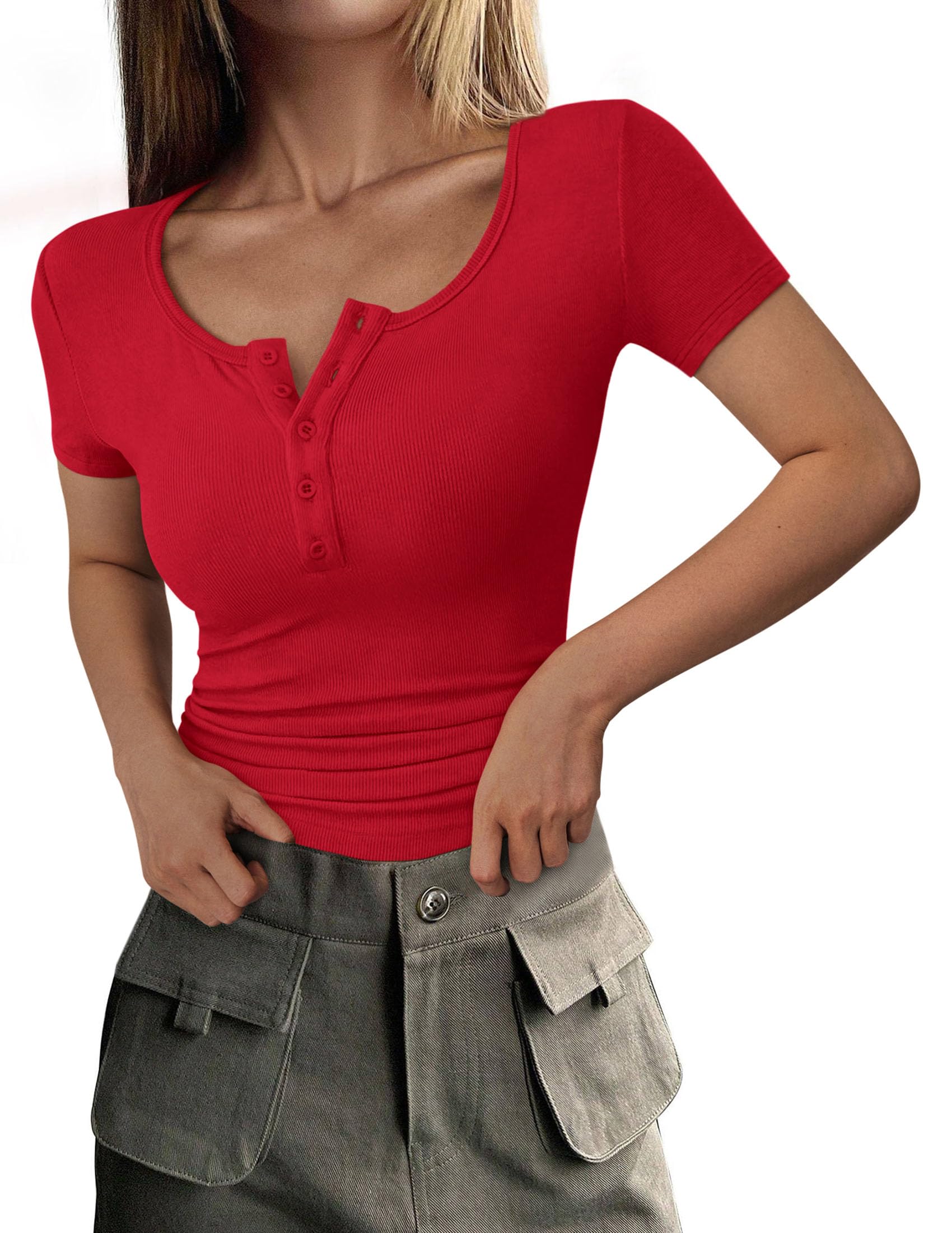 PRETTYGARDEN Women's  Fall Summer Short Sleeve Tops Ribbed Henley Button Slim Fit Basic Casual T Shirts Blouse Clothing