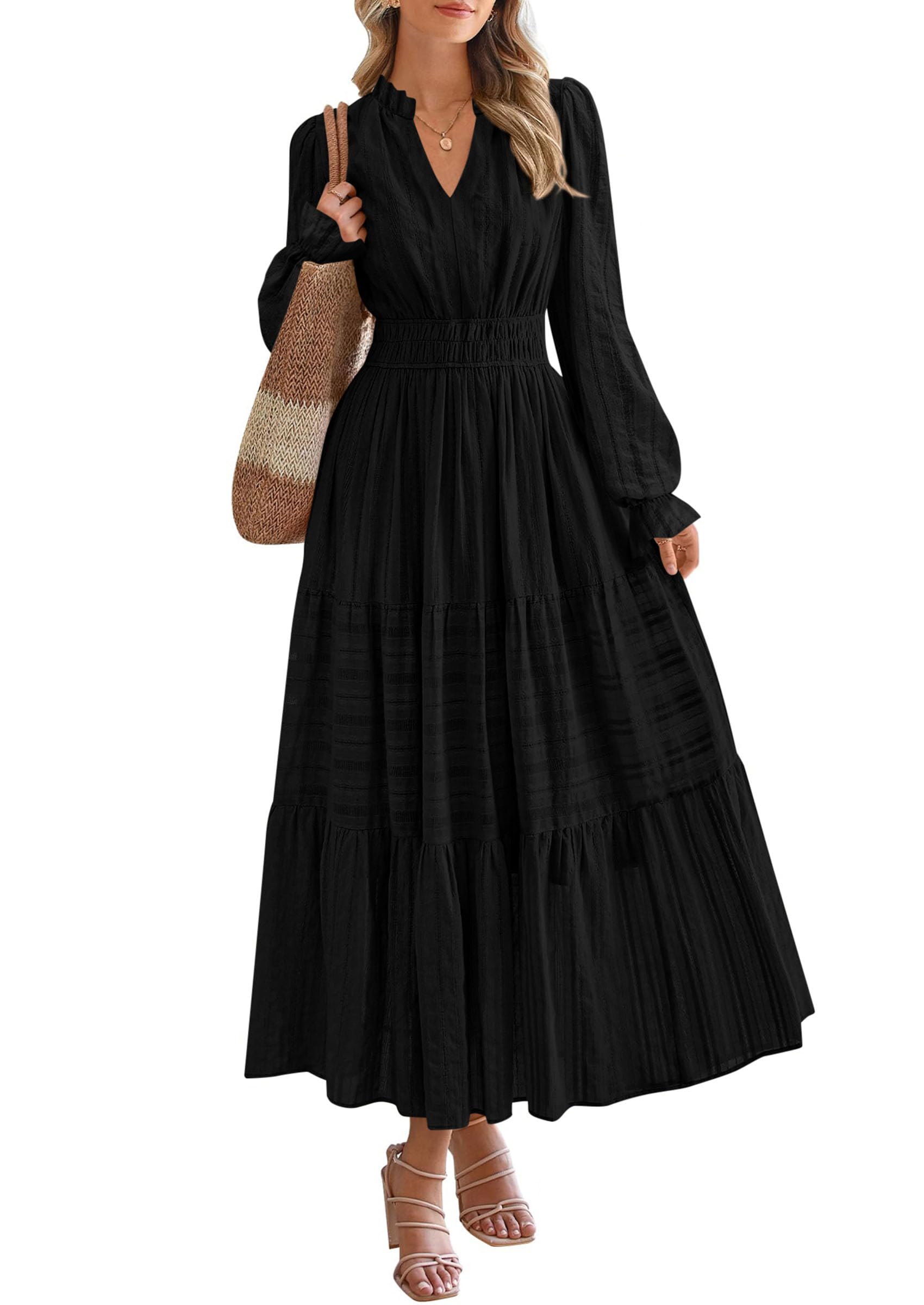 PRETTYGARDEN Women's Fall Wedding Guest Dresses Long Sleeve V Neck Flowy Elegant Holiday Party Maxi Dress with Pockets