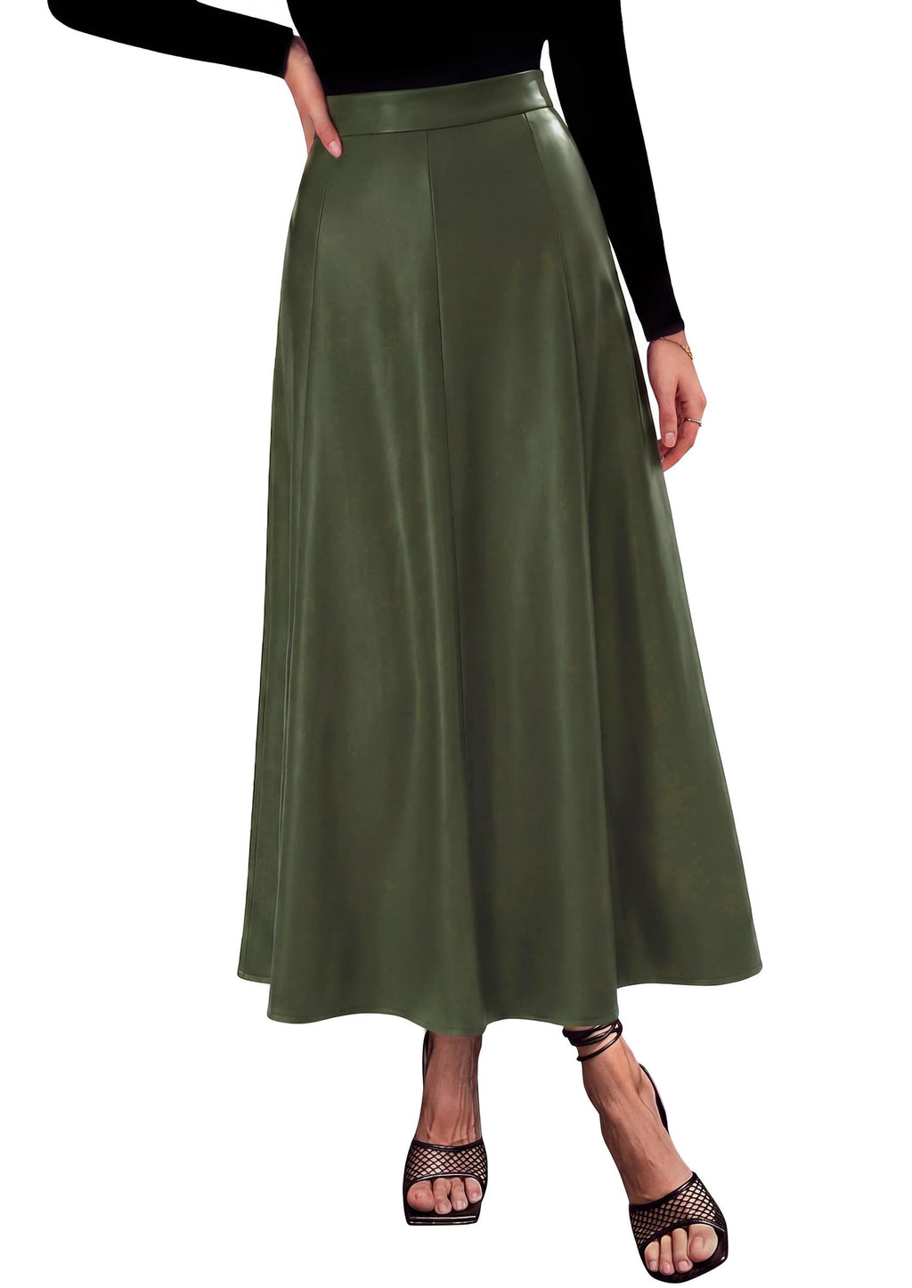 PRETTYGARDEN Womens Faux Leather High Waisted Midi Skirt | Flowy A Line Pleated Skirts, Elegant Swing Flared, Work Business Casual Outfits, Fall Winter Fashion Clothes