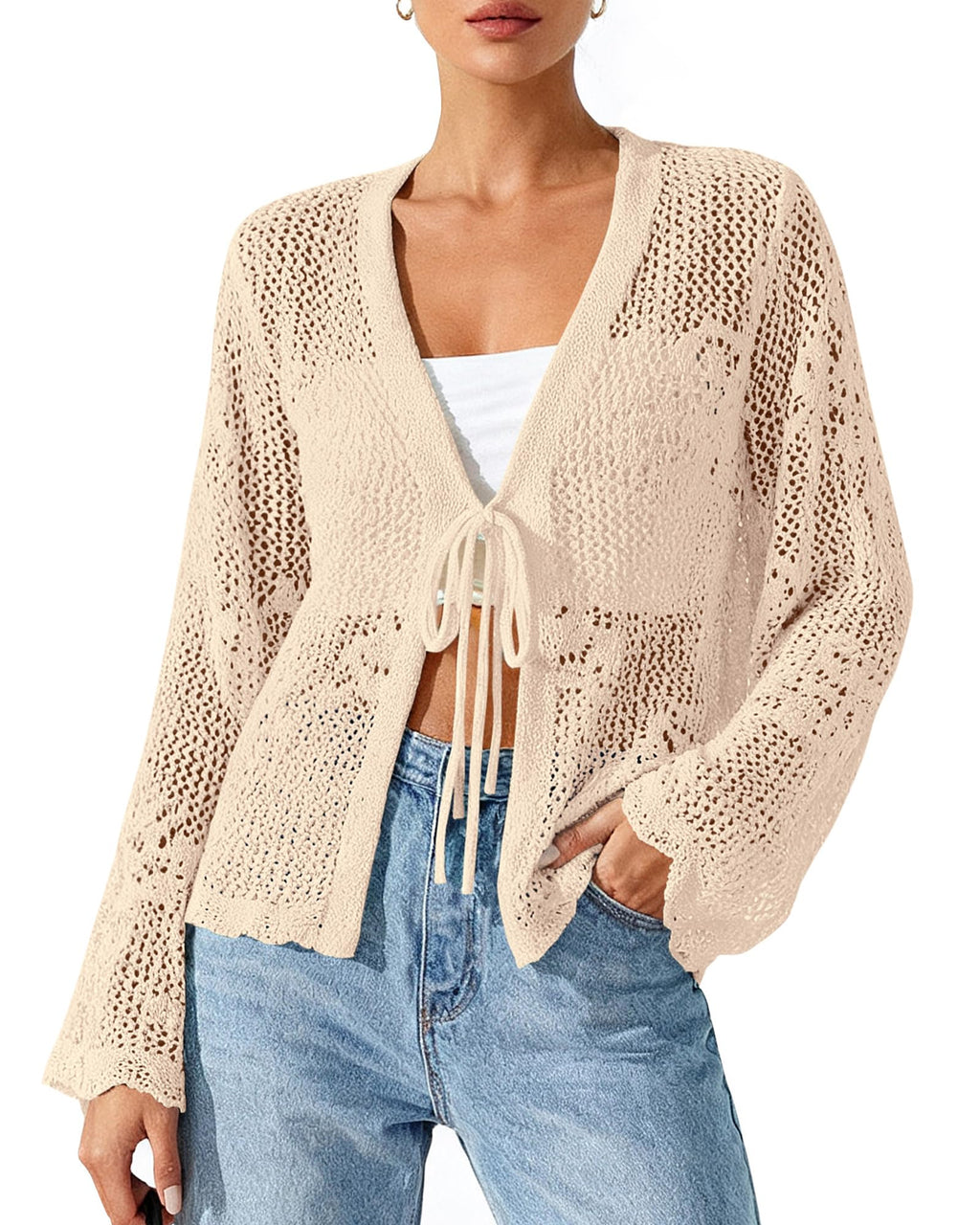 FreshPretty Summer Cardigans for Women Lightweight Spring Crochet Mesh Long Sleeve Tie Front Knit Beach Vacation Outfits
