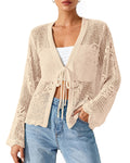 FreshPretty Summer Cardigans for Women Lightweight Spring Crochet Mesh Long Sleeve Tie Front Knit Beach Vacation Outfits