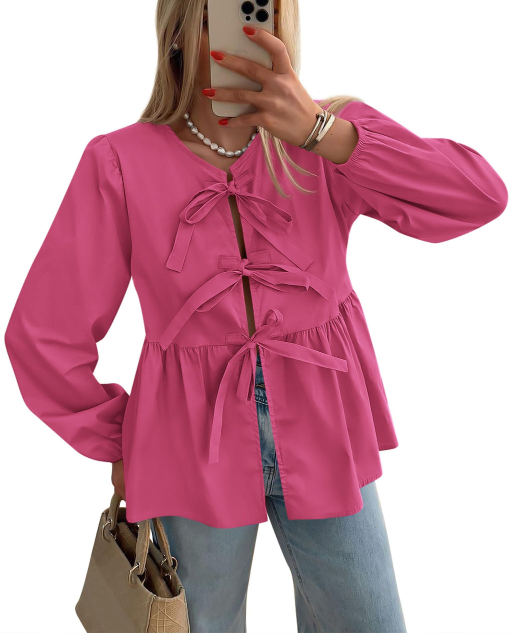 PRETTYGARDEN Women's Spring Fall Babydoll Peplum Blouse Shirt Puff Long Sleeve Bow Tie Front Trendy Cute Y2K Going Out Tops