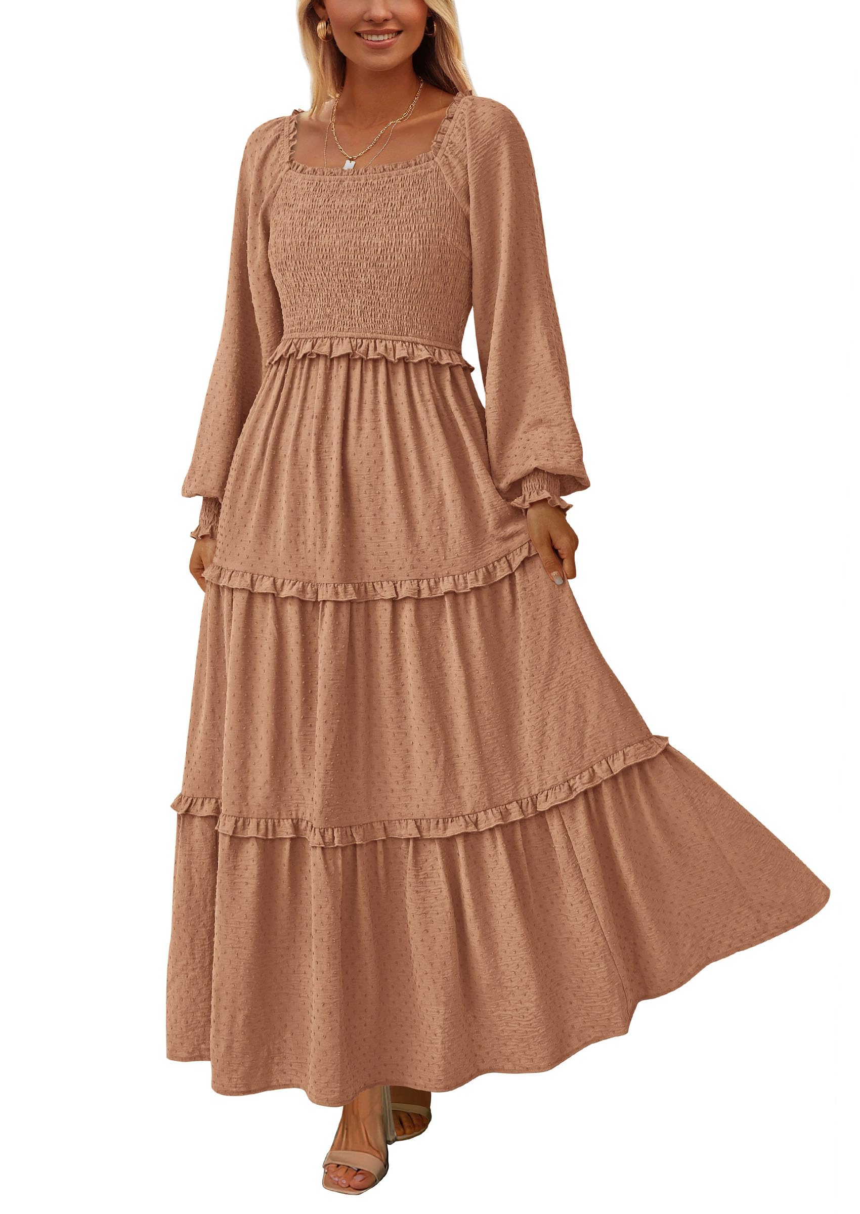 PRETTYGARDEN Fall Dresses for Women Long Sleeve Smocked Square Neck Swiss Dot Tiered Flowy Wedding Guest Maxi Dress