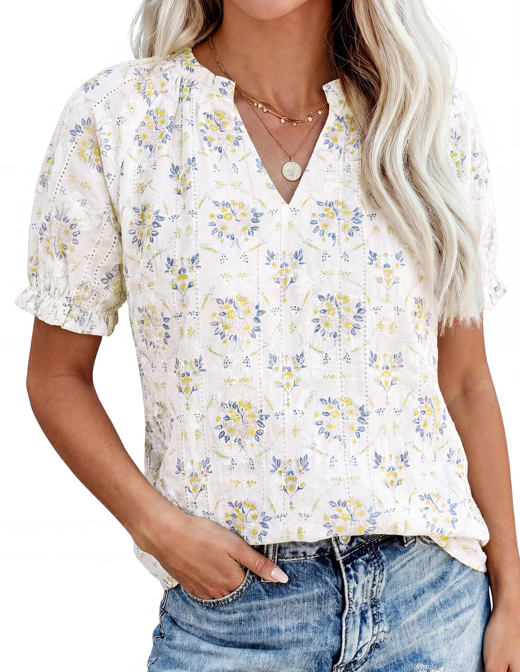 PRETTYGARDEN Summer Short Sleeve V Neck Shirts for Women Trendy Floral Print Loose Ruffle Tops Business Casual Blouses