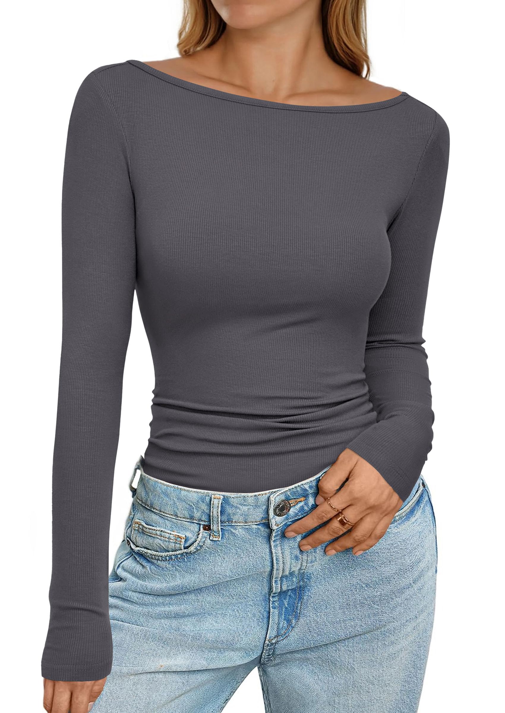 PRETTYGARDEN Long Sleeve Shirts for Women Fall Boat Neck Ribbed Knit Ruched Fitted Going Out Tops Casual Basic Tees