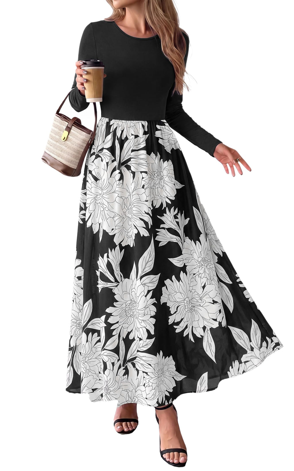 FreshPretty Women's Long Sleeve Boho Floral Flowy Fall Maxi Dress,Wedding Guest Dress,Elegant A Line Swing Bohemian Long Dresses with Pockets,Church Garden Party Resort Cruise Vacation Dress