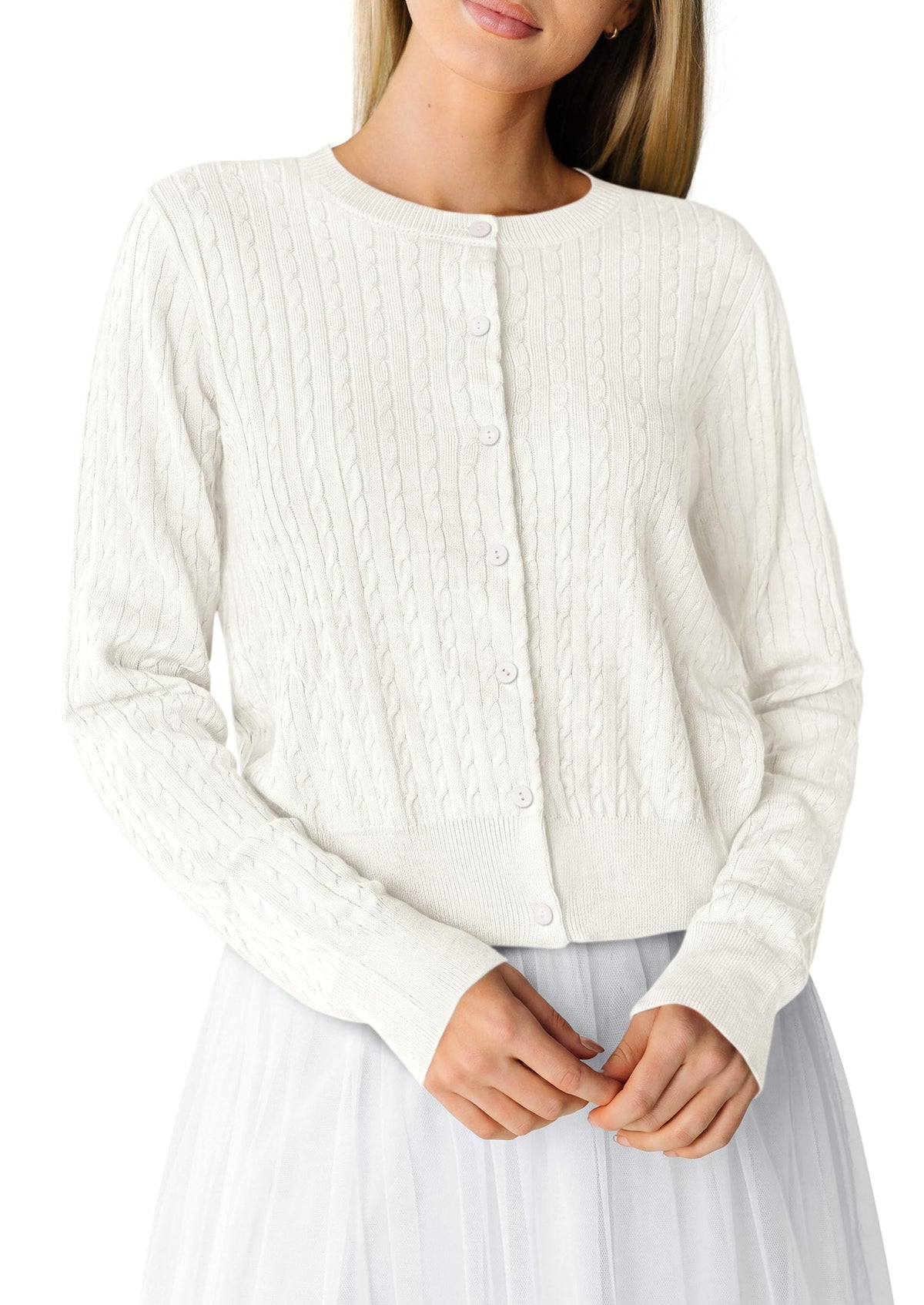 PRETTYGARDEN Women Lightweight Button Up Cardigan Sweaters | Soft Stretchy, Cozy Cable Knit, Long Sleeve Crew Neck, Trendy Cardigans, Cute Casual Outfits, Early Fall Fashion Clothing