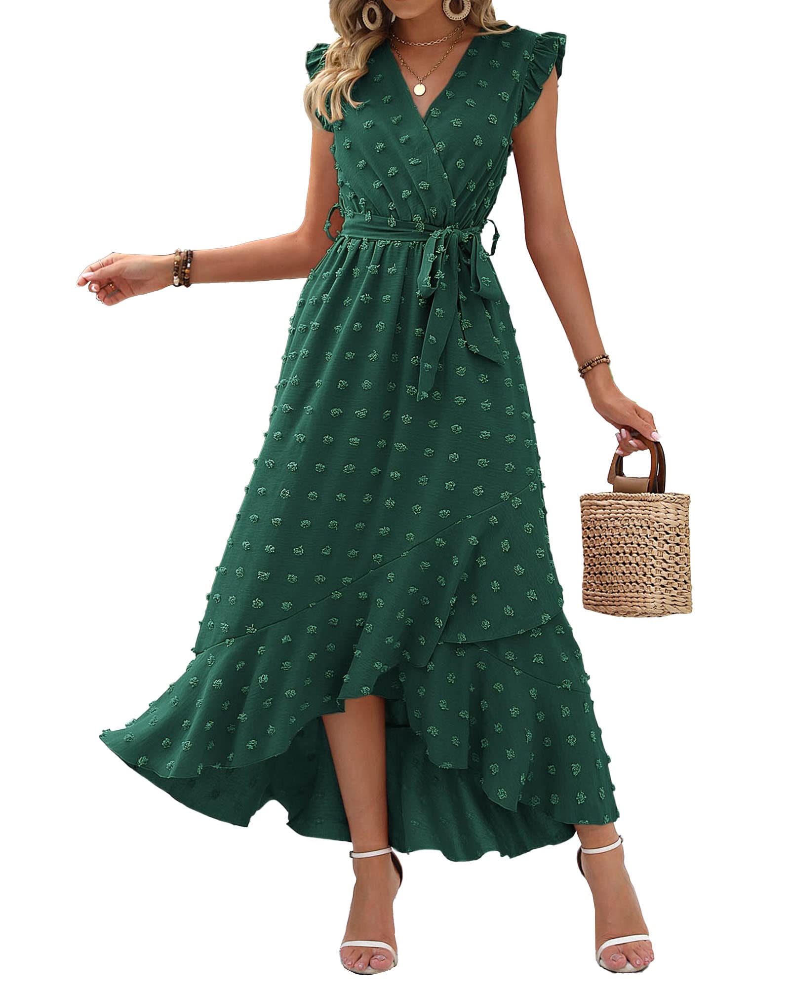 BTFBM Boho Dresses for Women Spring Fashion Cap Sleeve Swiss Dot Flowy Ruffle Beach Wedding Cocktail Maxi Dress