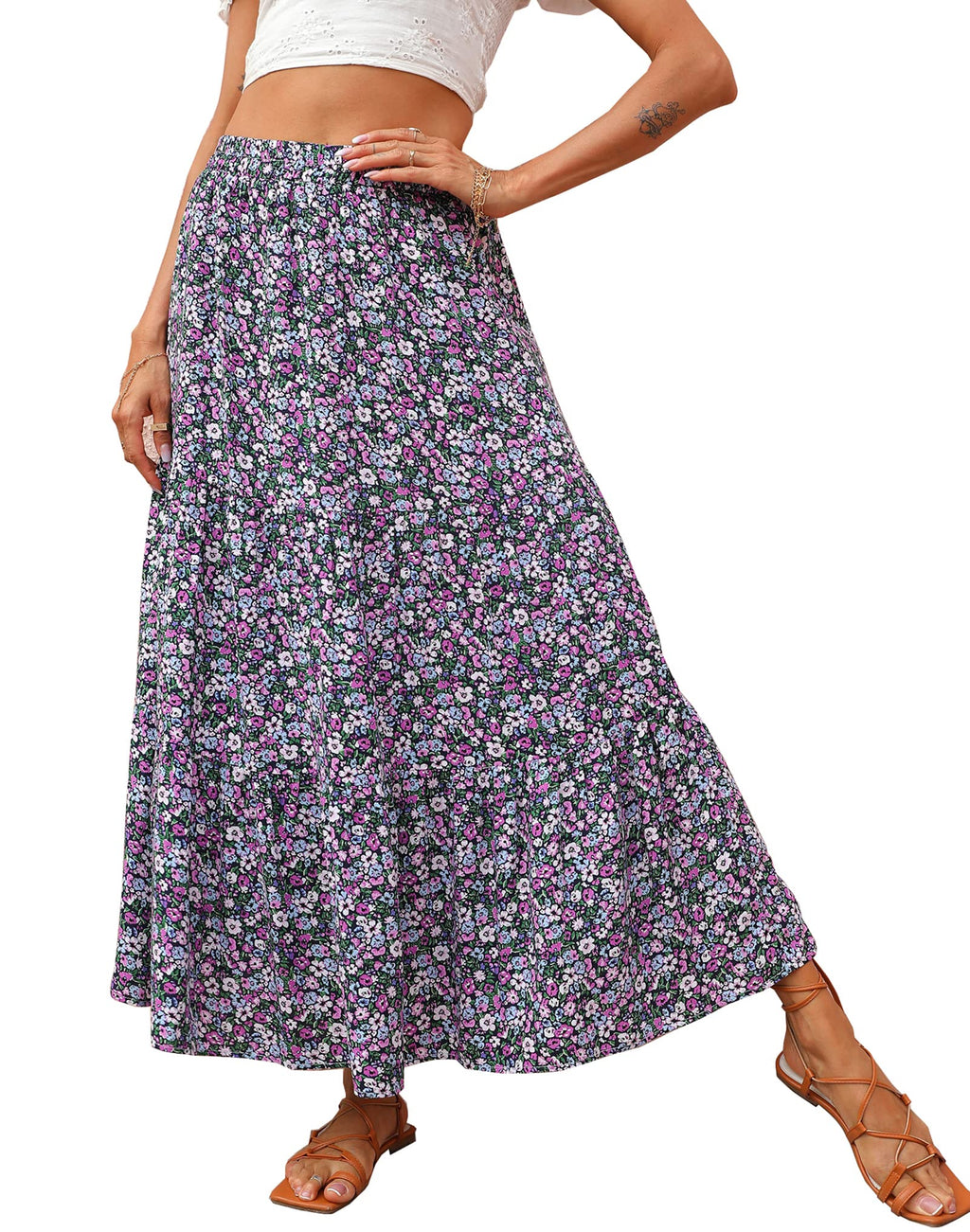 FreshPretty Women Summer Fall Boho Long Skirts Dress Floral Print Elastic Waist Split Ruffle High Low Beach Maxi Skirt