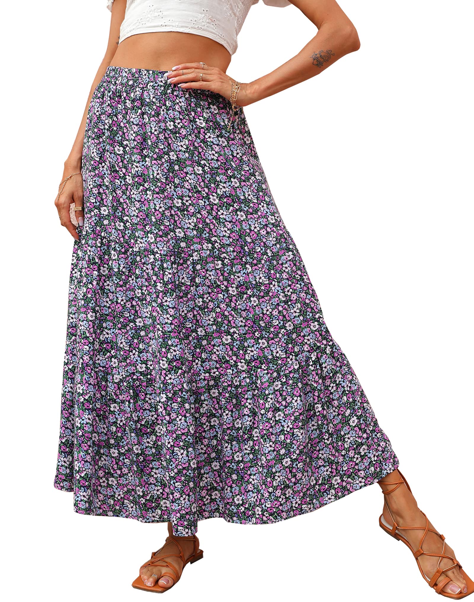 FreshPretty Women Summer Fall Boho Long Skirts Dress Floral Print Elastic Waist Split Ruffle High Low Beach Maxi Skirt