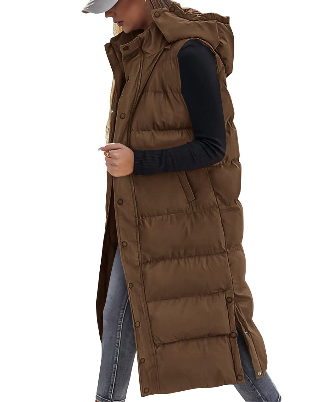 BTFBM Long Puffer Vest Women Quilted Hooded Button Down Zip Up Sleeveless Vests Outerwear Padded Jacket Fall Winter Coat