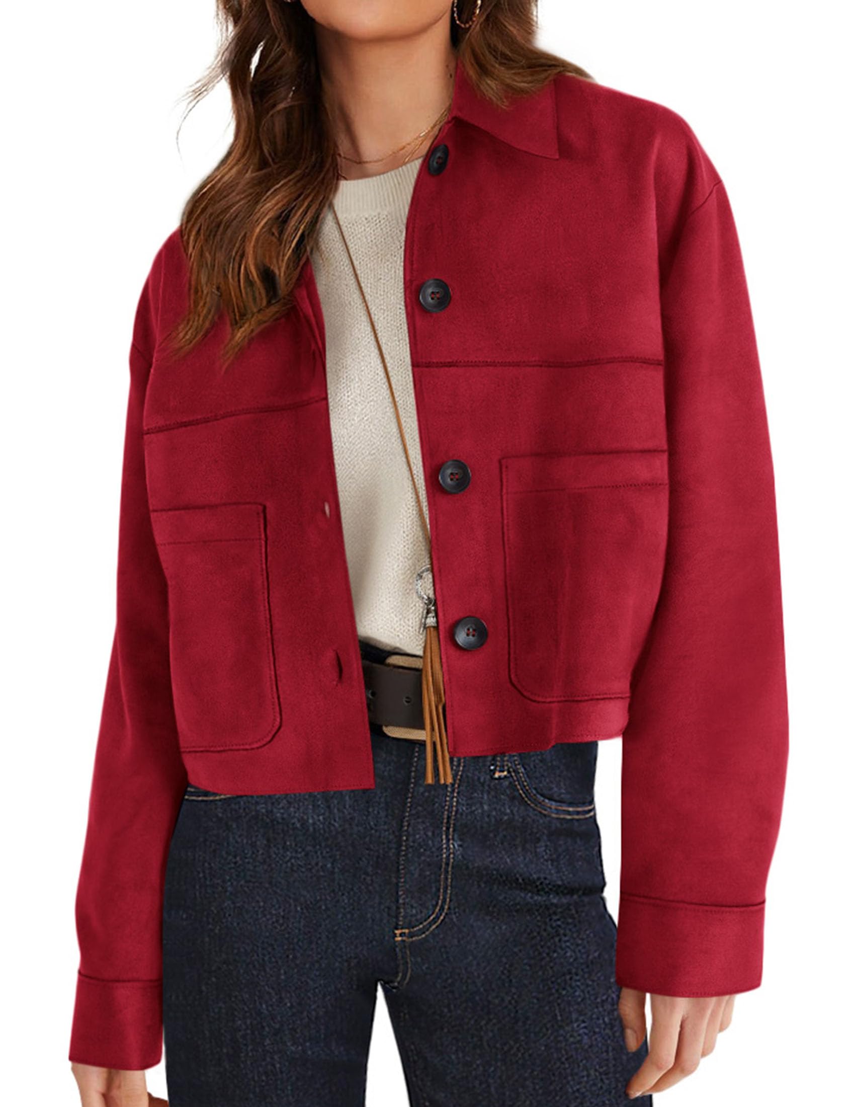 PRETTYGARDEN Women's Faux Suede Cropped Jacket Casual Lightweight Fall Fashion Winter Coats Outerwear Trendy Clothes