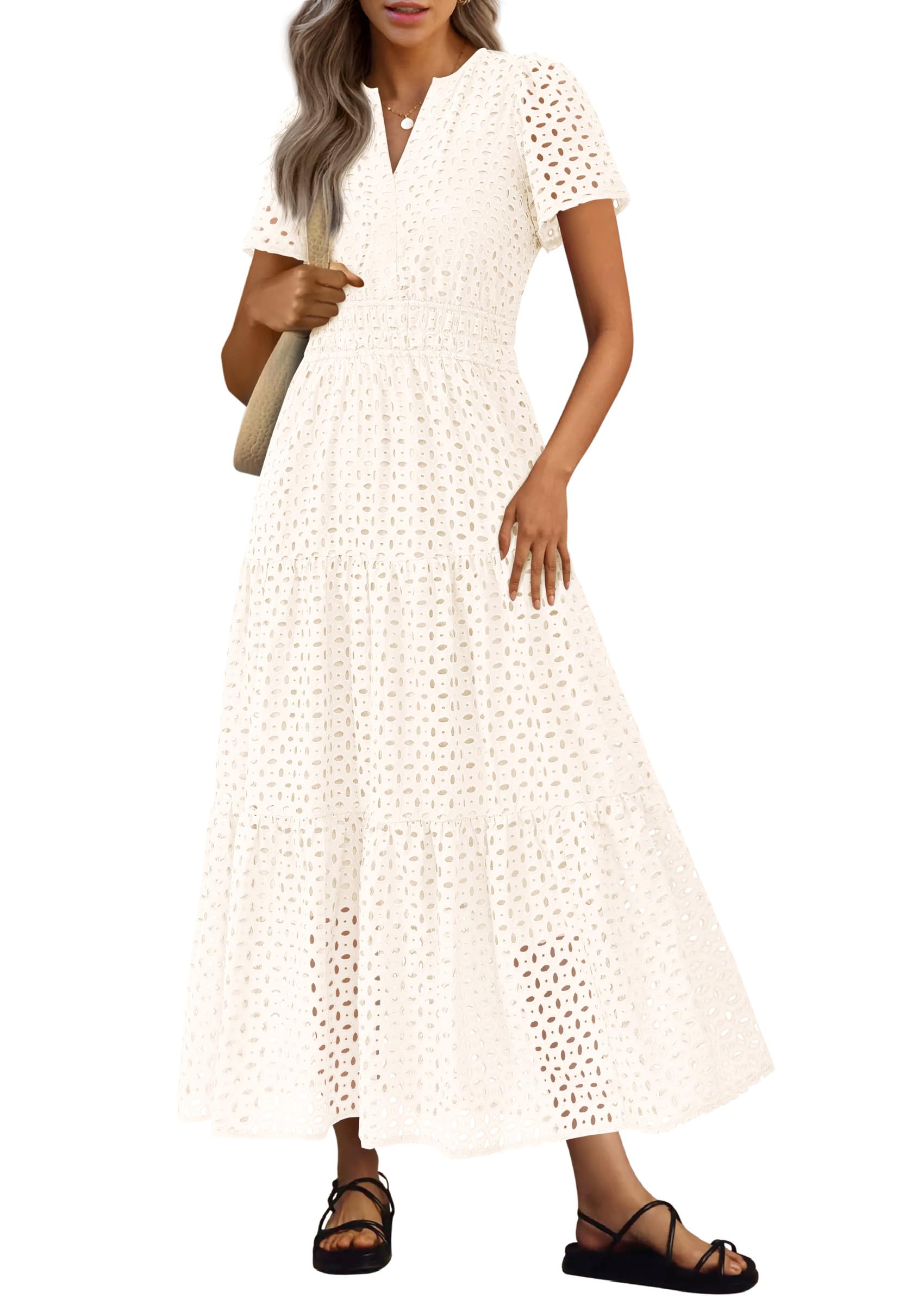 PRETTYGARDEN Womens Summer Maxi Dress Short Sleeve V Neck Hollow Out Eyelet A Line Long Flowy Beach Vacation Dresses